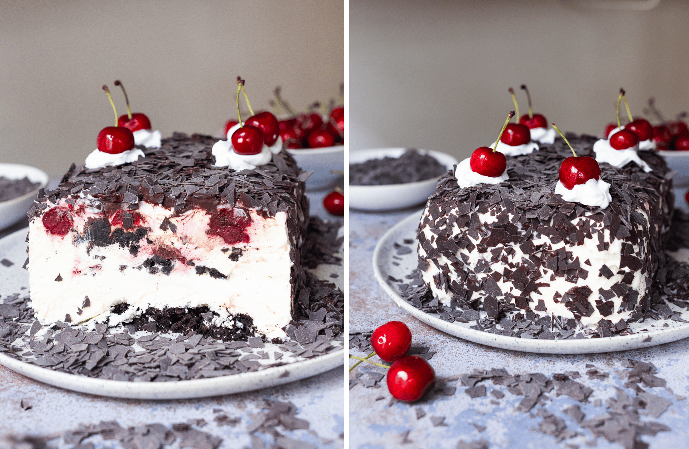 man sieht das Innere einer No Bake Schwarzwälder Kirschtorte
