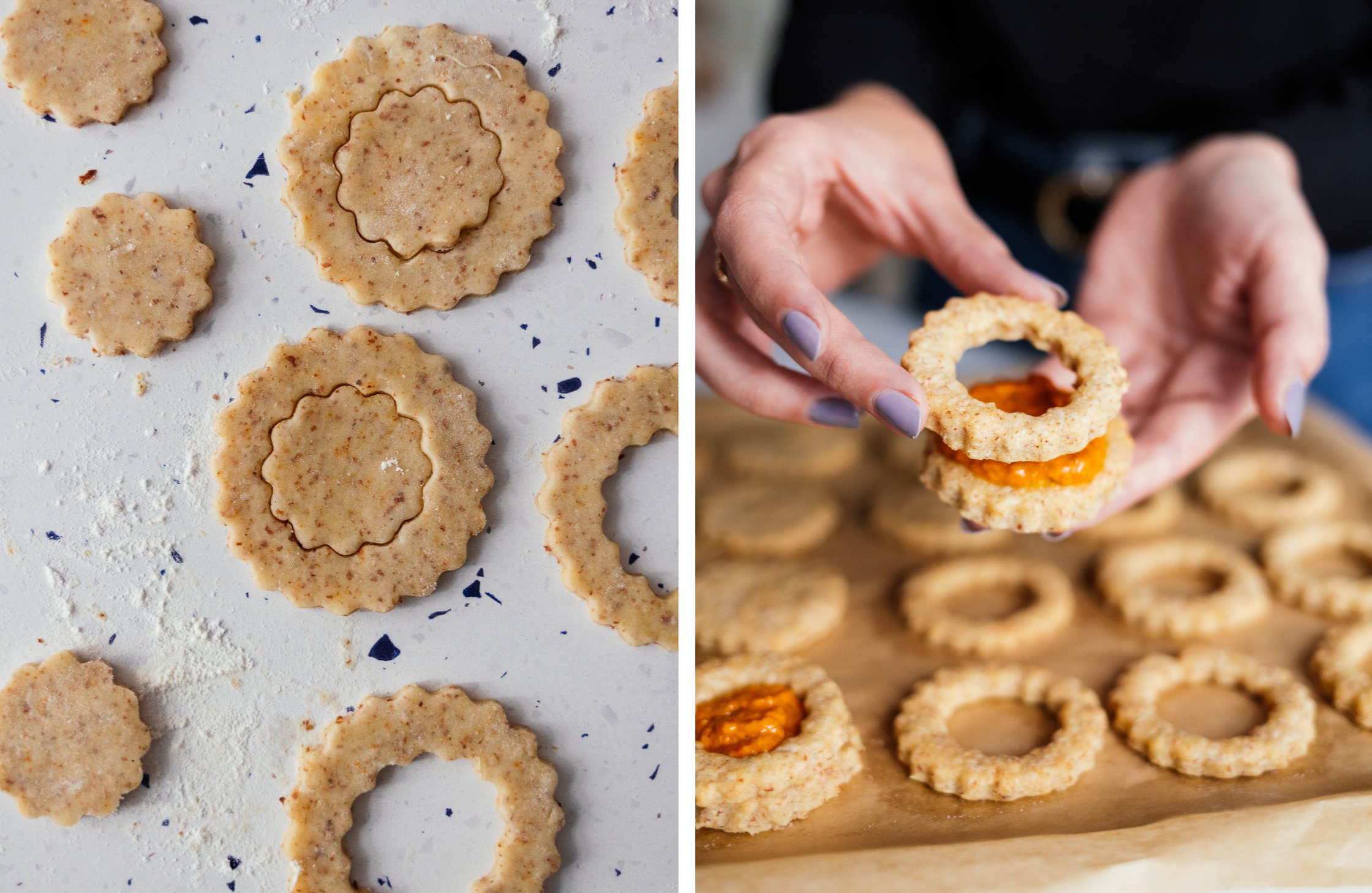 cutting out cookies, spreading  with pesto and putting together
