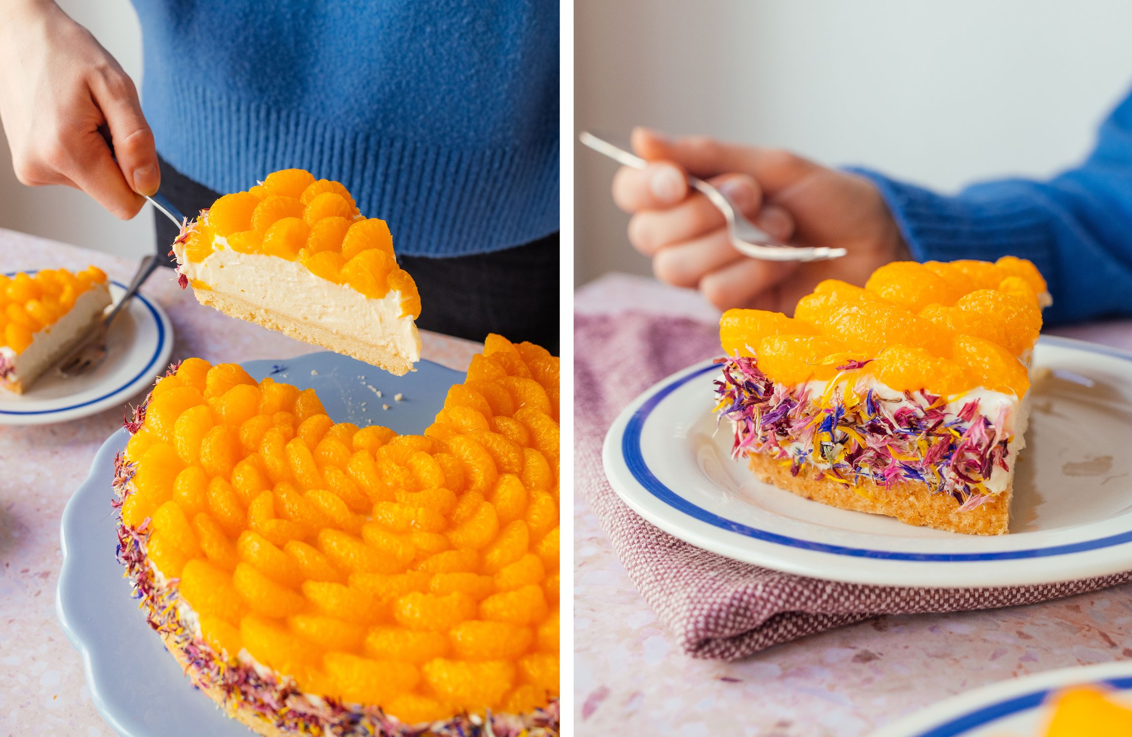 vegan cream and mandarin cake with flower coating is served on a plate; close up of flower coating