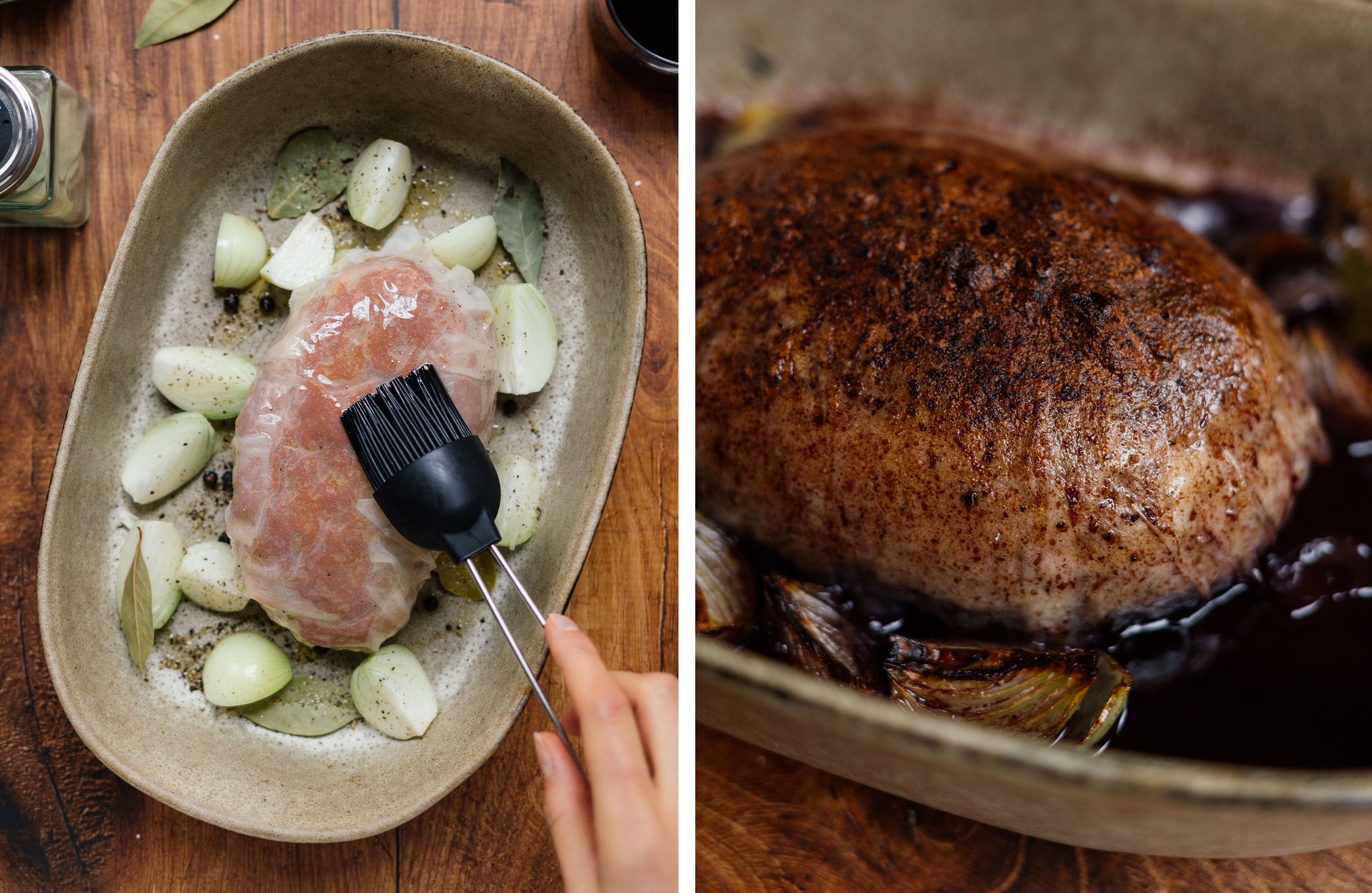 vegan seitan roast before and after baking in the oven