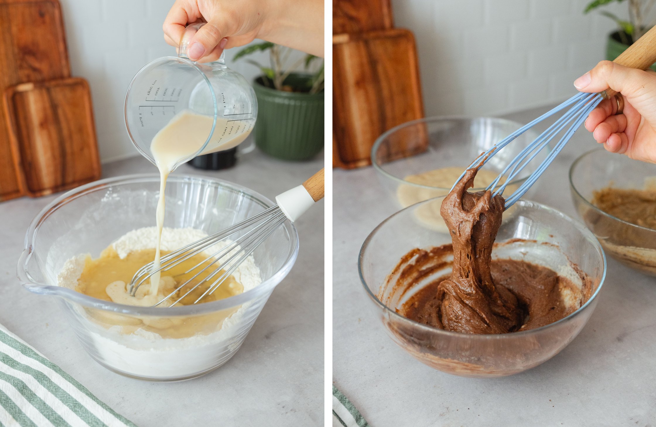 adding plant-based milk to the dough; three different colored doughs in bowls