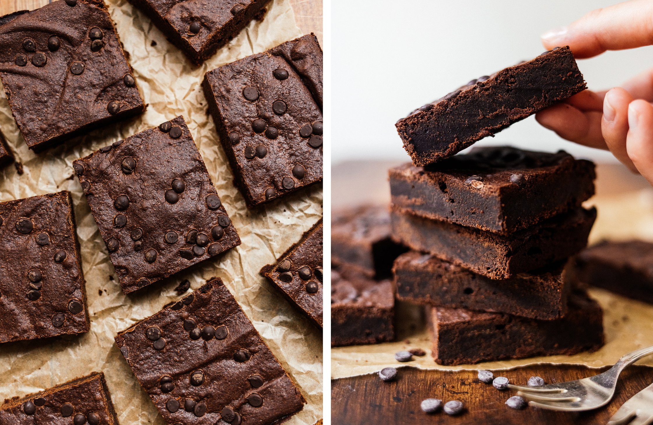 vegane Brownies auf Backpapier; Stapel mit veganen Brownies