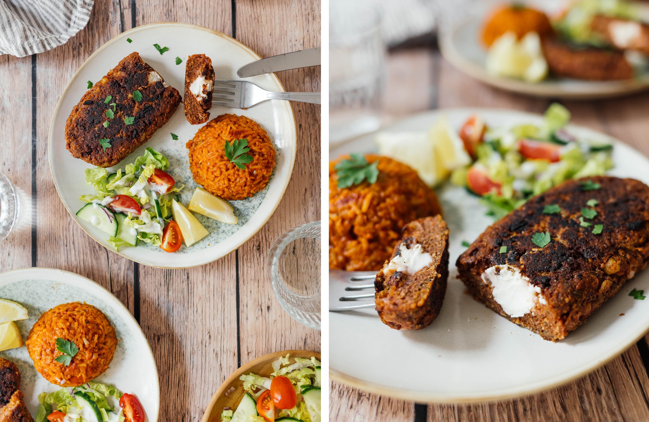 vegan Bifteki-Steak with tomato rice and salad on a plate