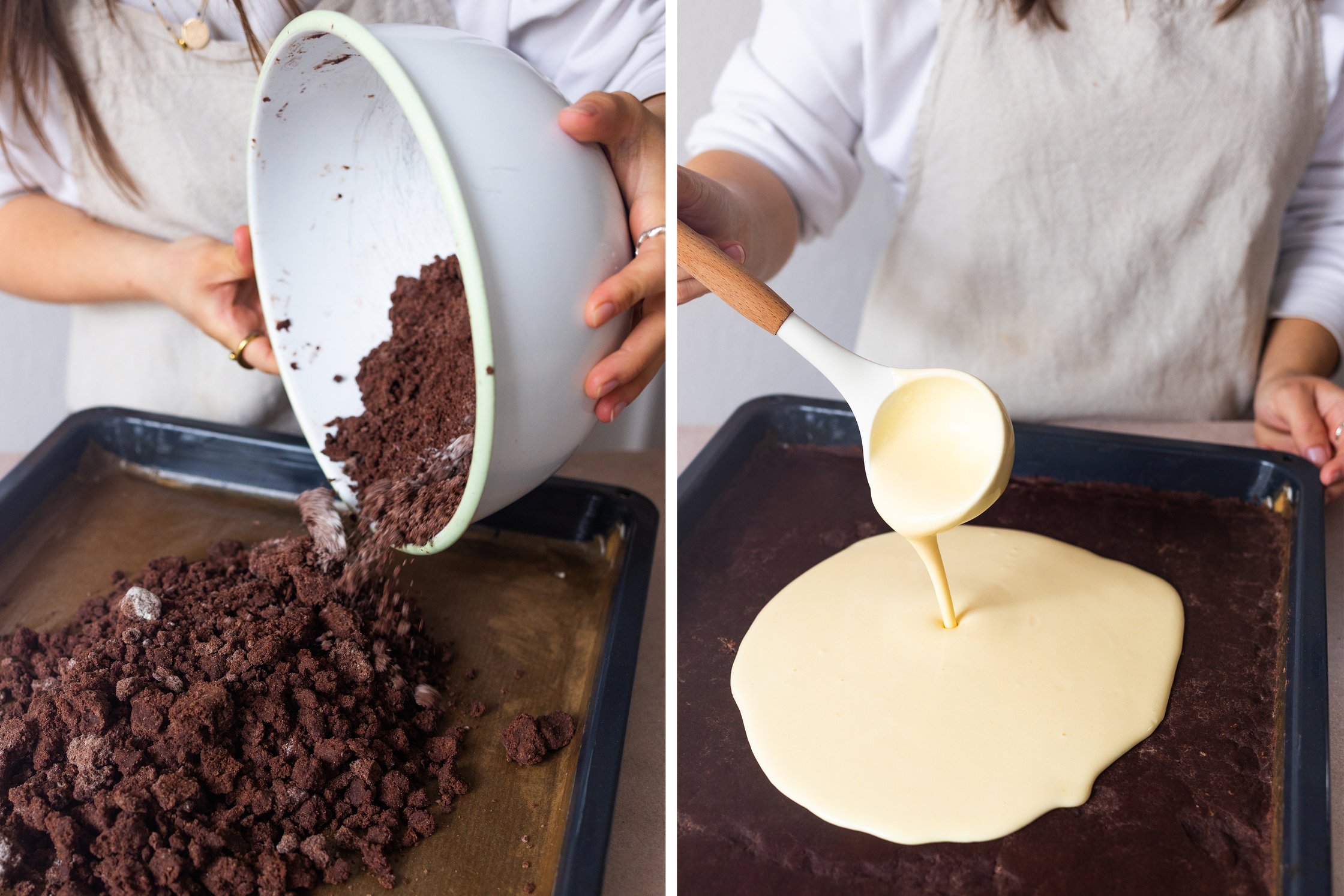adding vegan chocolate dough and cheesecake mixture to the baking tray