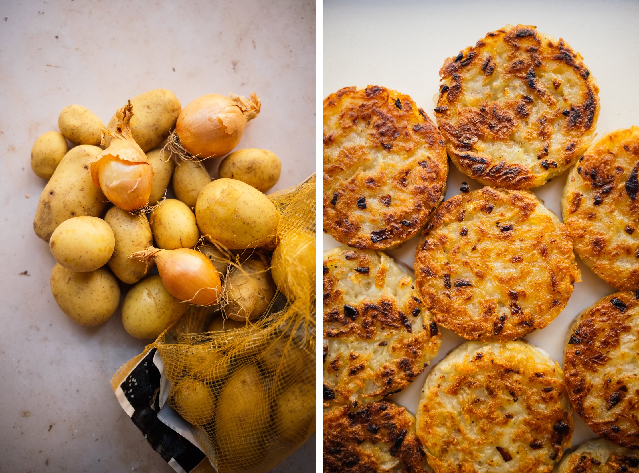 potatoes, onions, and hash browns