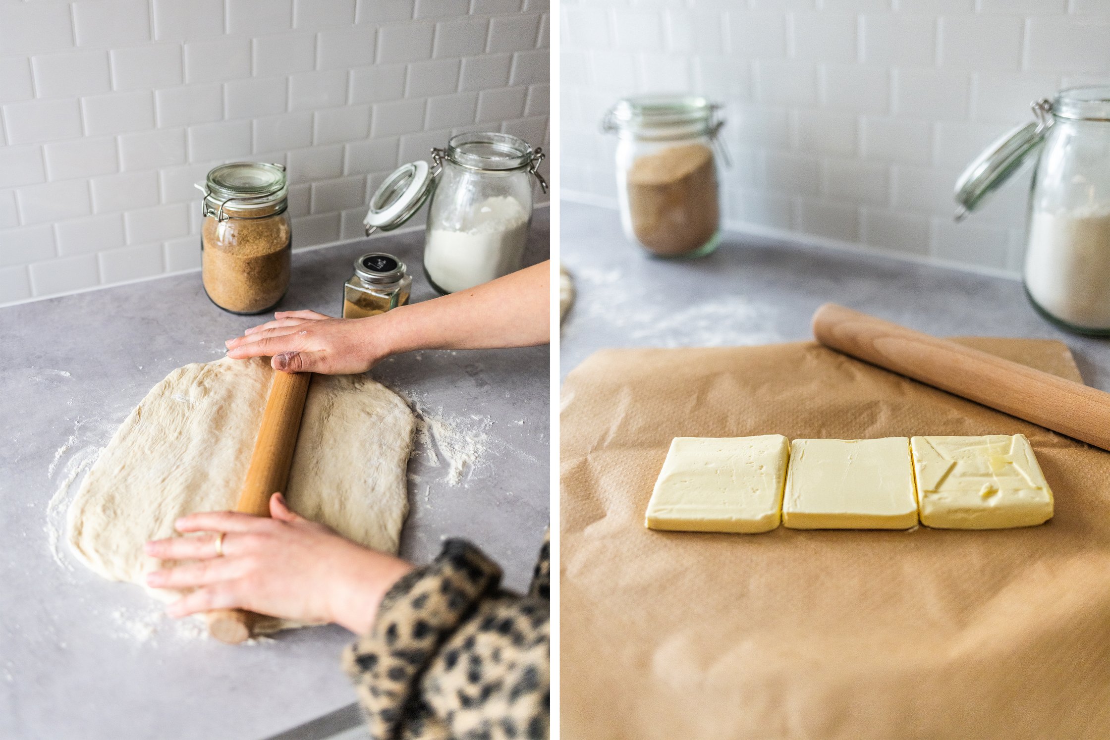 Teig und Butter für die veganen Franzbrötchen werden geschichtet