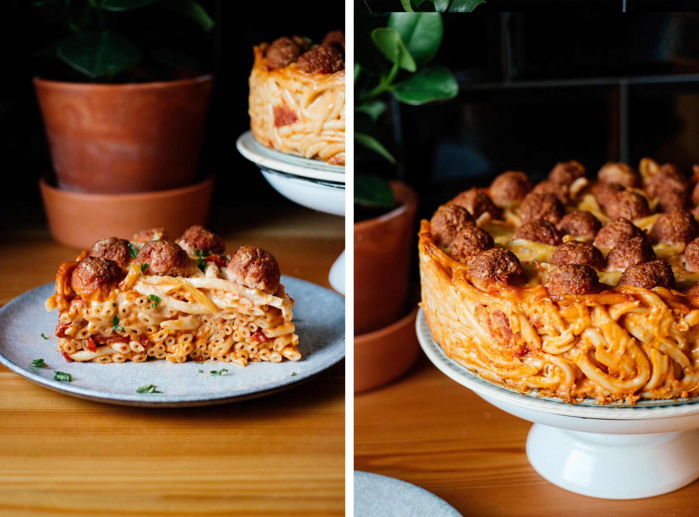 a piece of Vegan Macaroni Pie with Meatless Meatballs