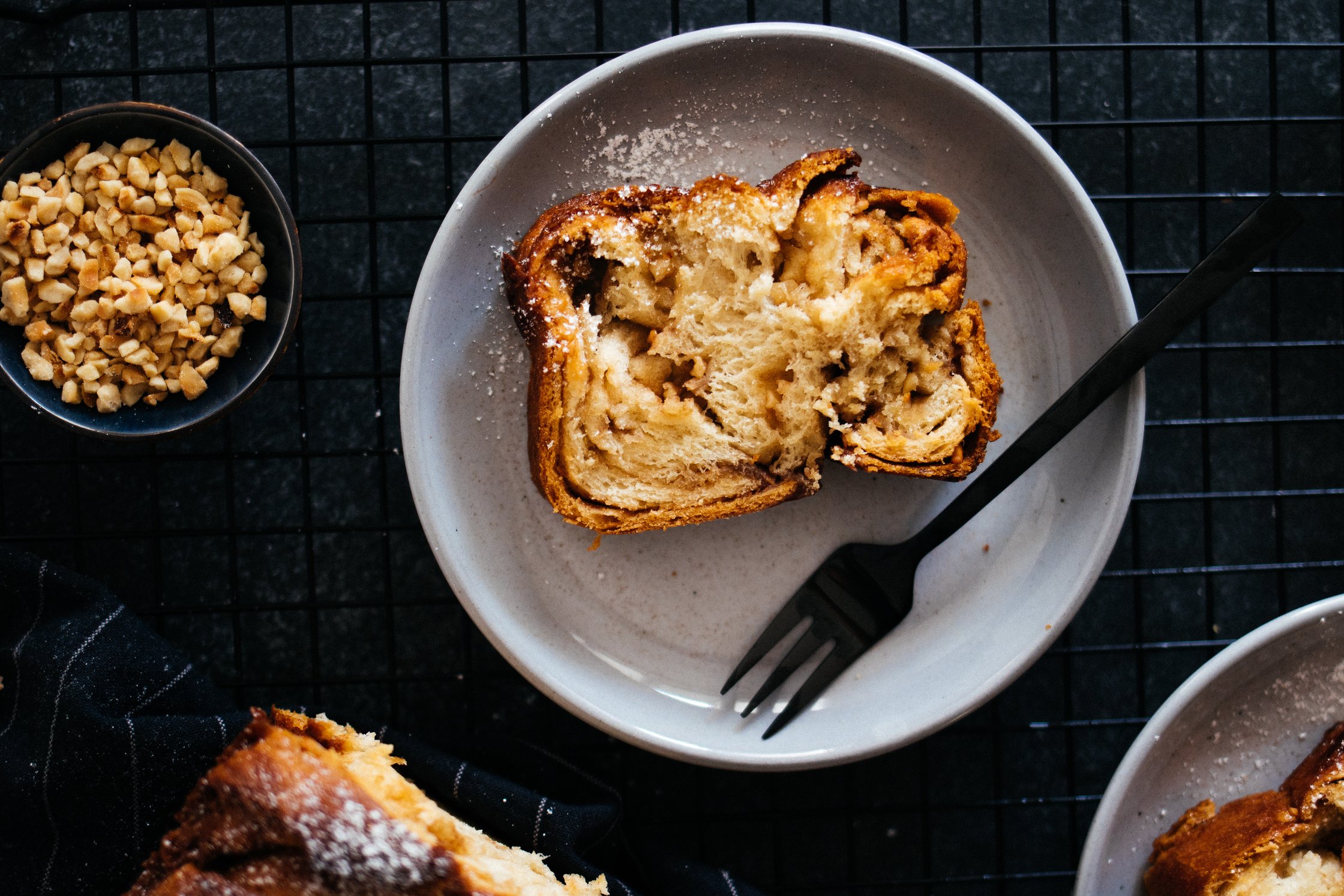 a piece of vegan babka on a grey plate