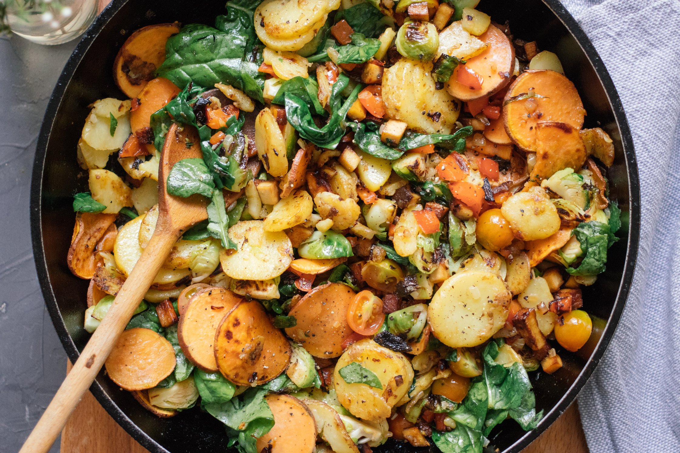 topshot of Vegan Pan fried Potatoes with Vegetables