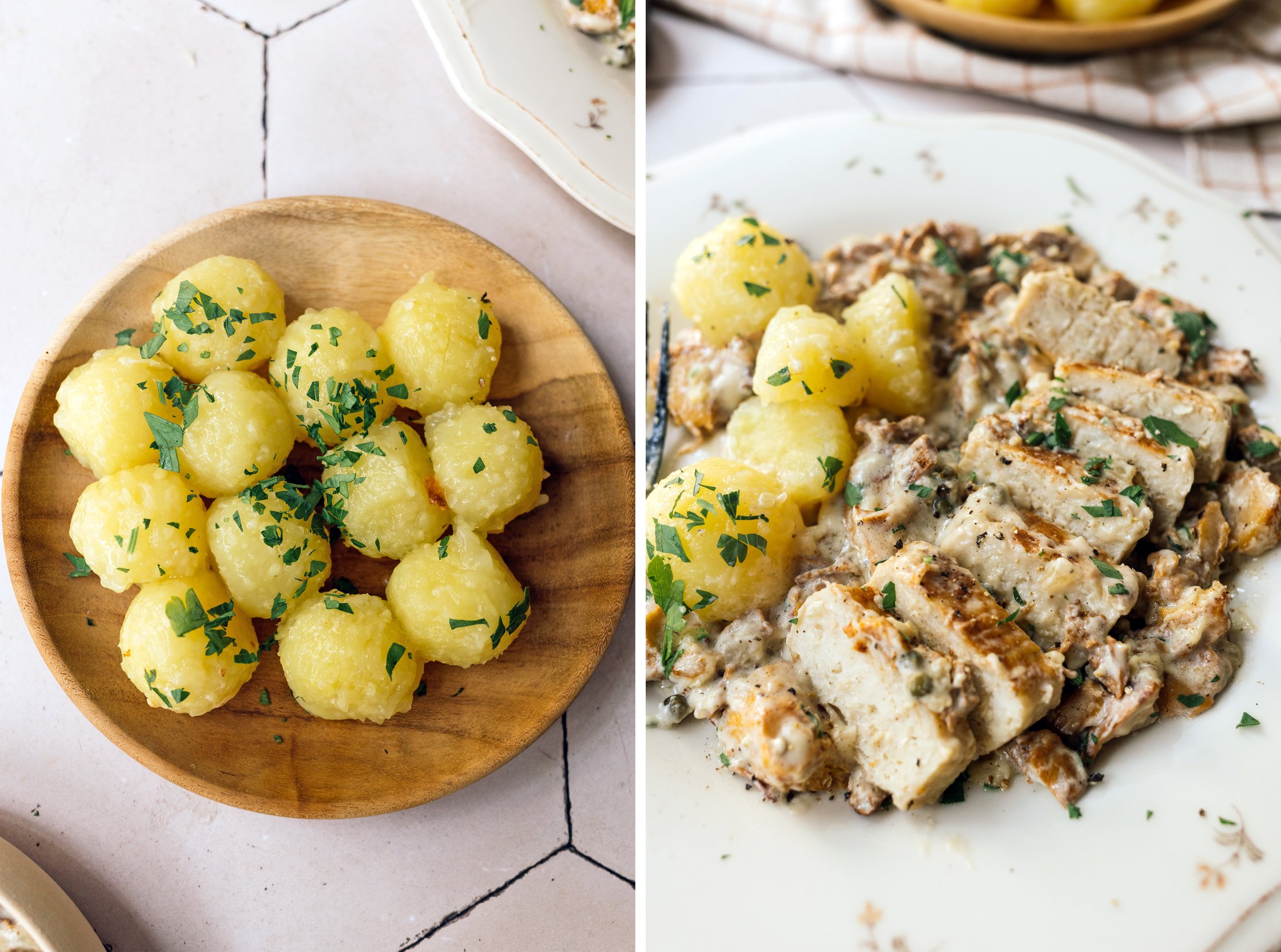 vegane Miniknödel und eine Nahaufnahme von veganem Hähnchen in Rahmsoße