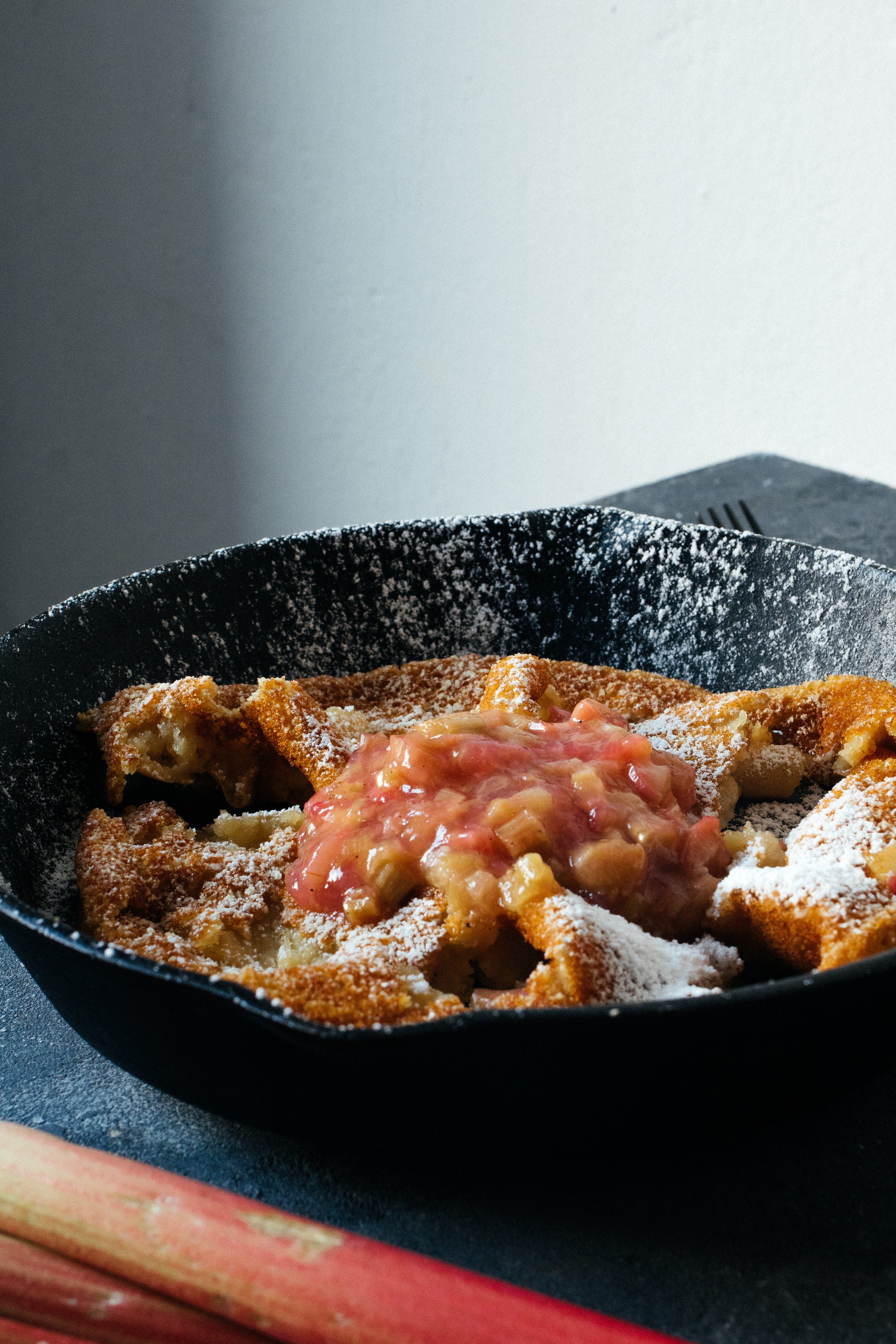 rhubarb compote on the vegan dutch baby