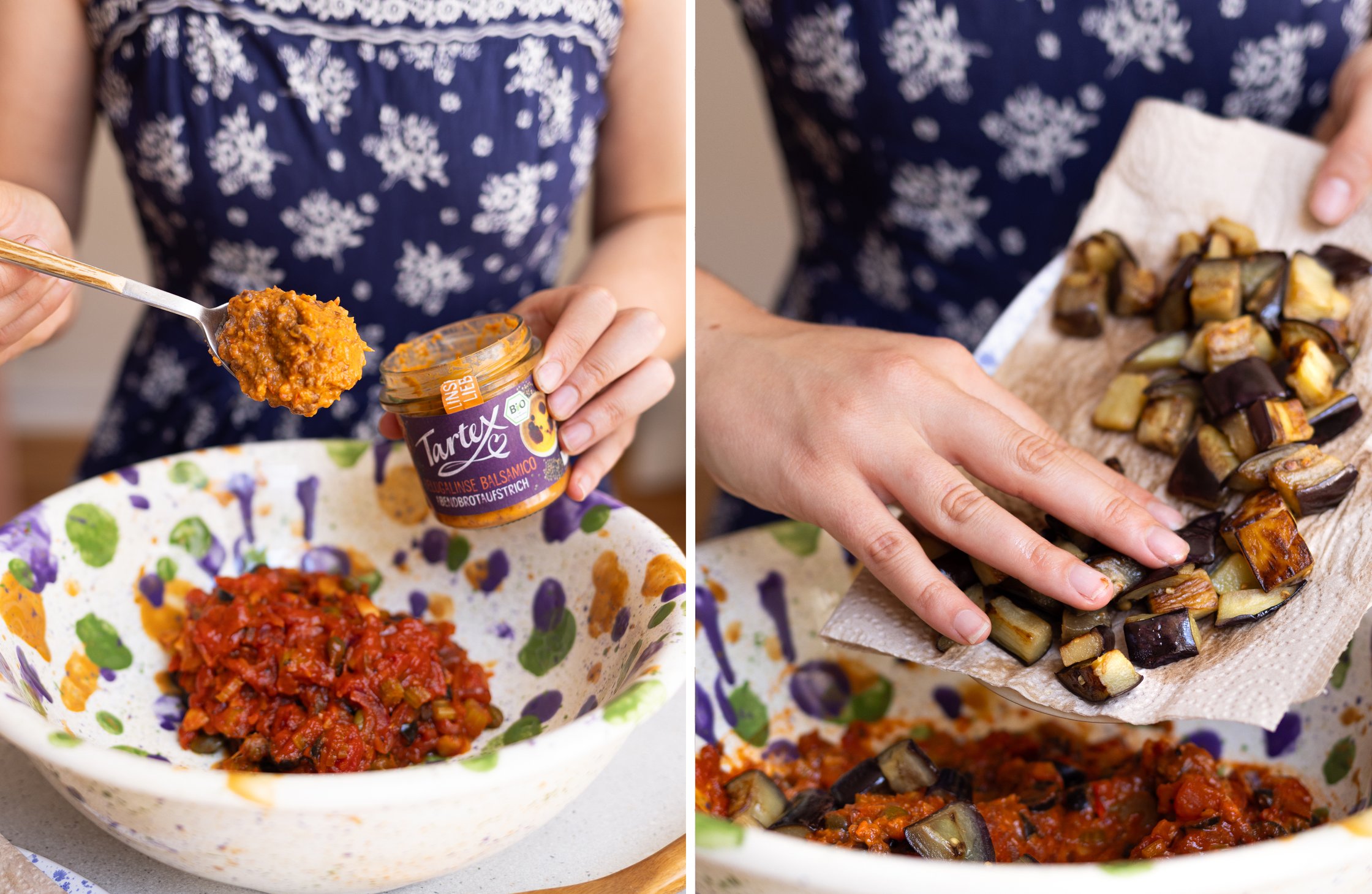 Der Tartex Aufstrich wird als Basis für die Caponata benutzt. Auf der rechten Seite wird die gebratene Aubergine hinzugegeben