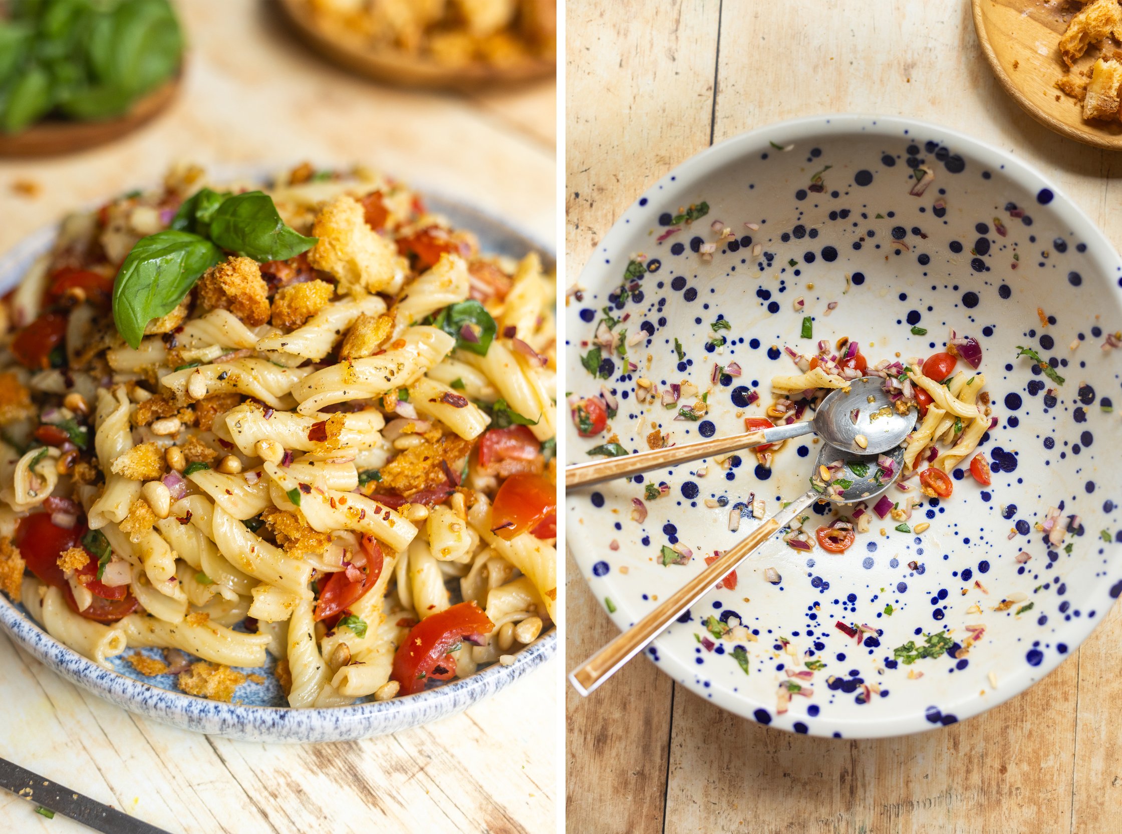 leere schüssel bruschetta nudelsalat