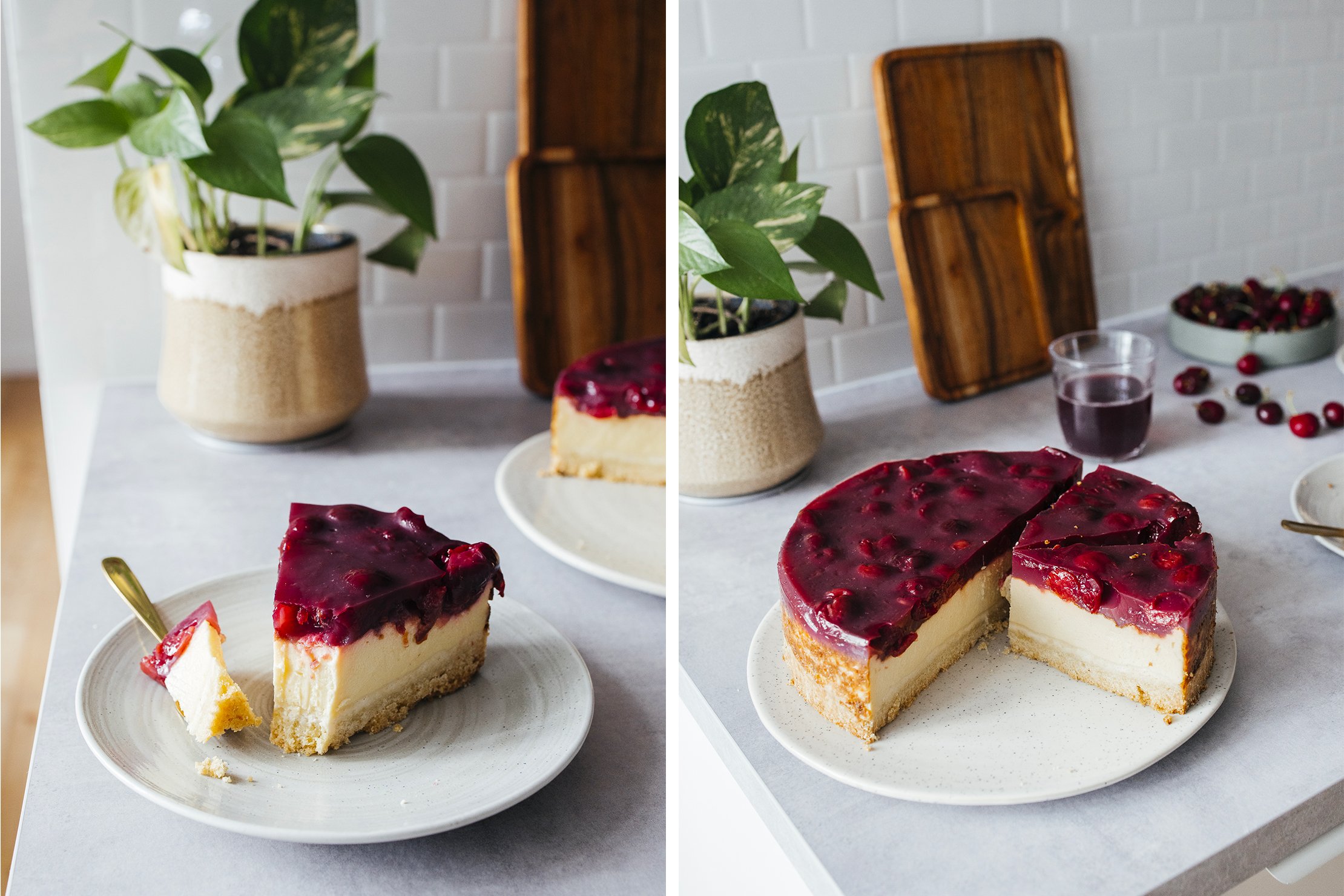 ein Stück veganer Käsekuchen auf einem Teller