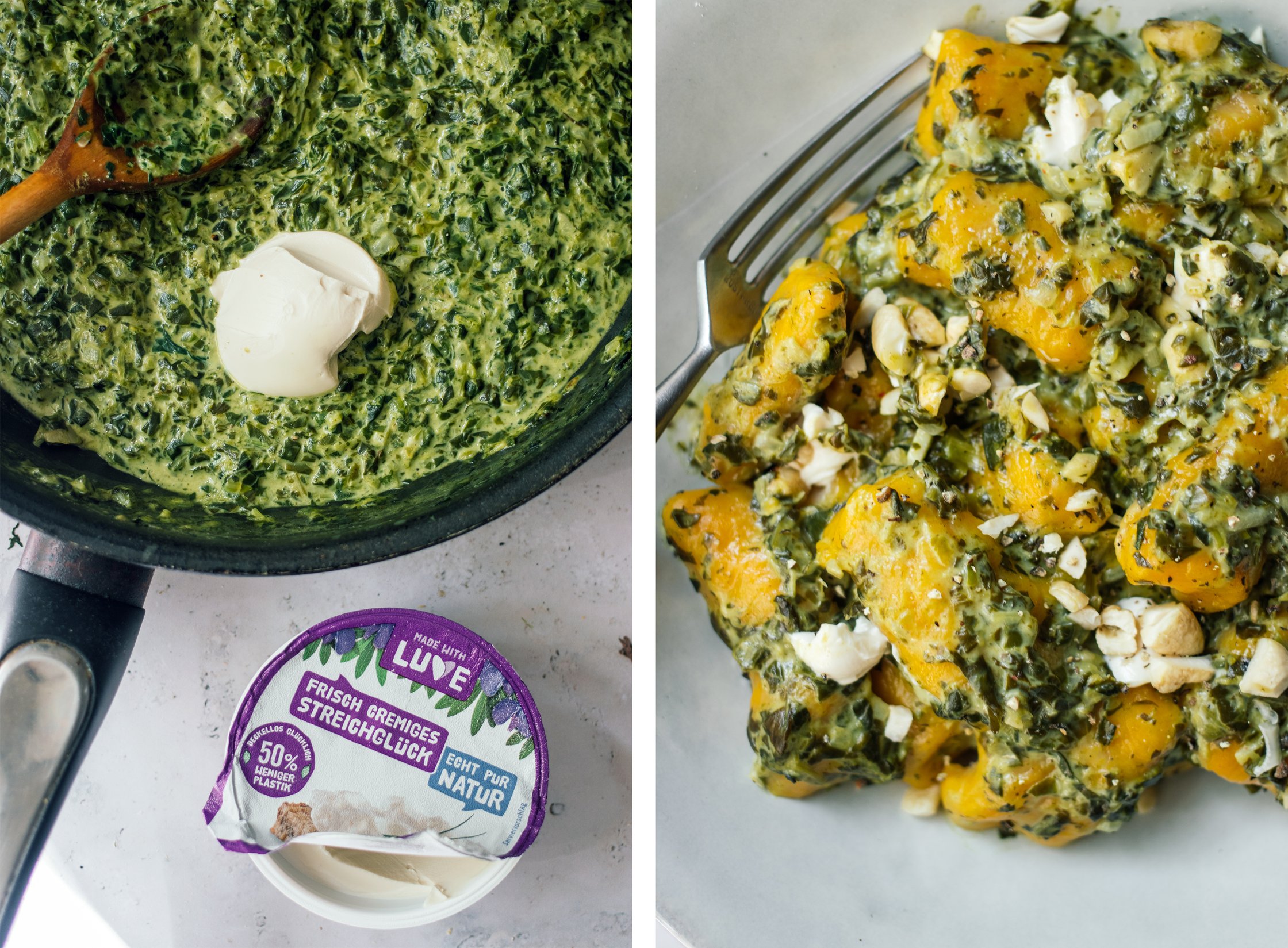veganen frischkäse zu spinatsoße geben