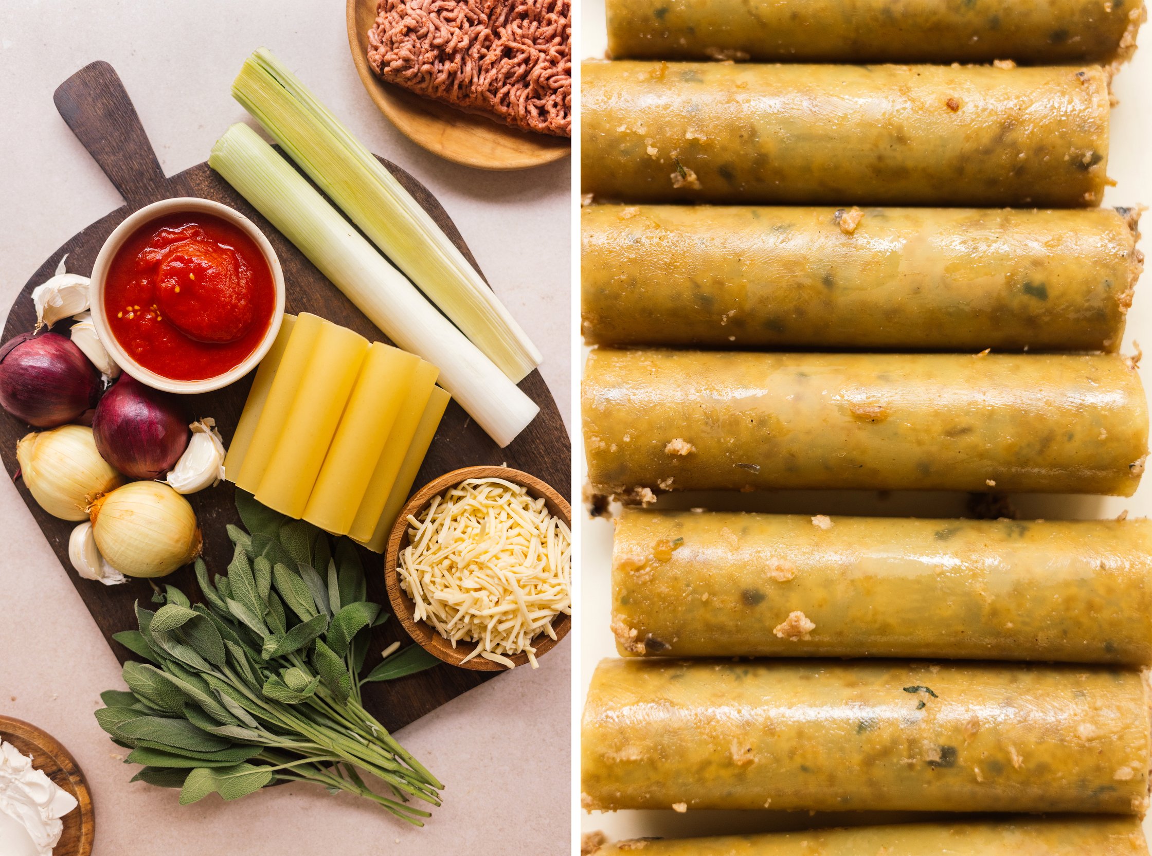 zutaten für vegane cannelloni und nahaufnahme von gefüllten cannelloni