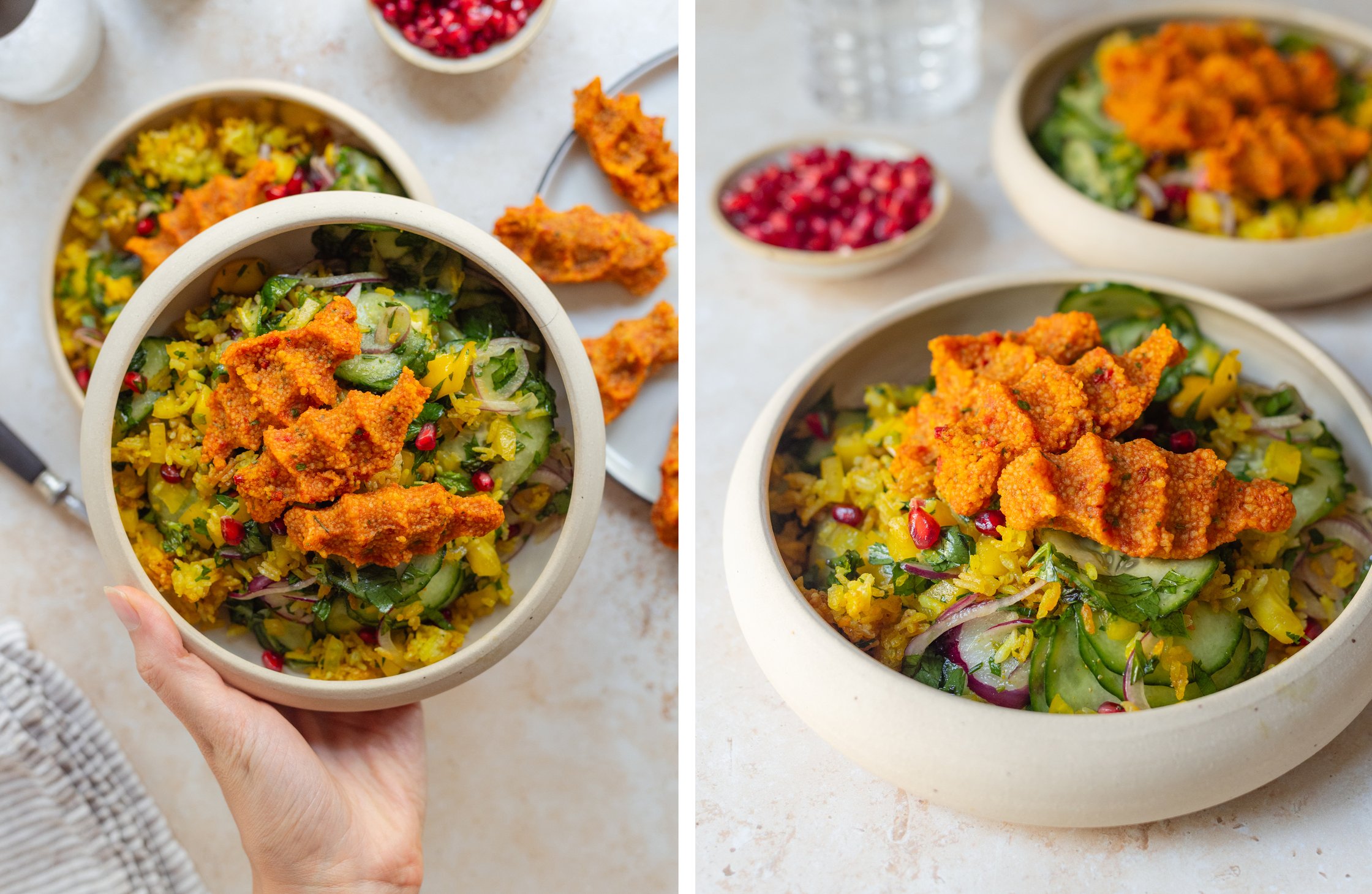Çiğ Köfte und Crispy Reissalat serviert auf Tellern