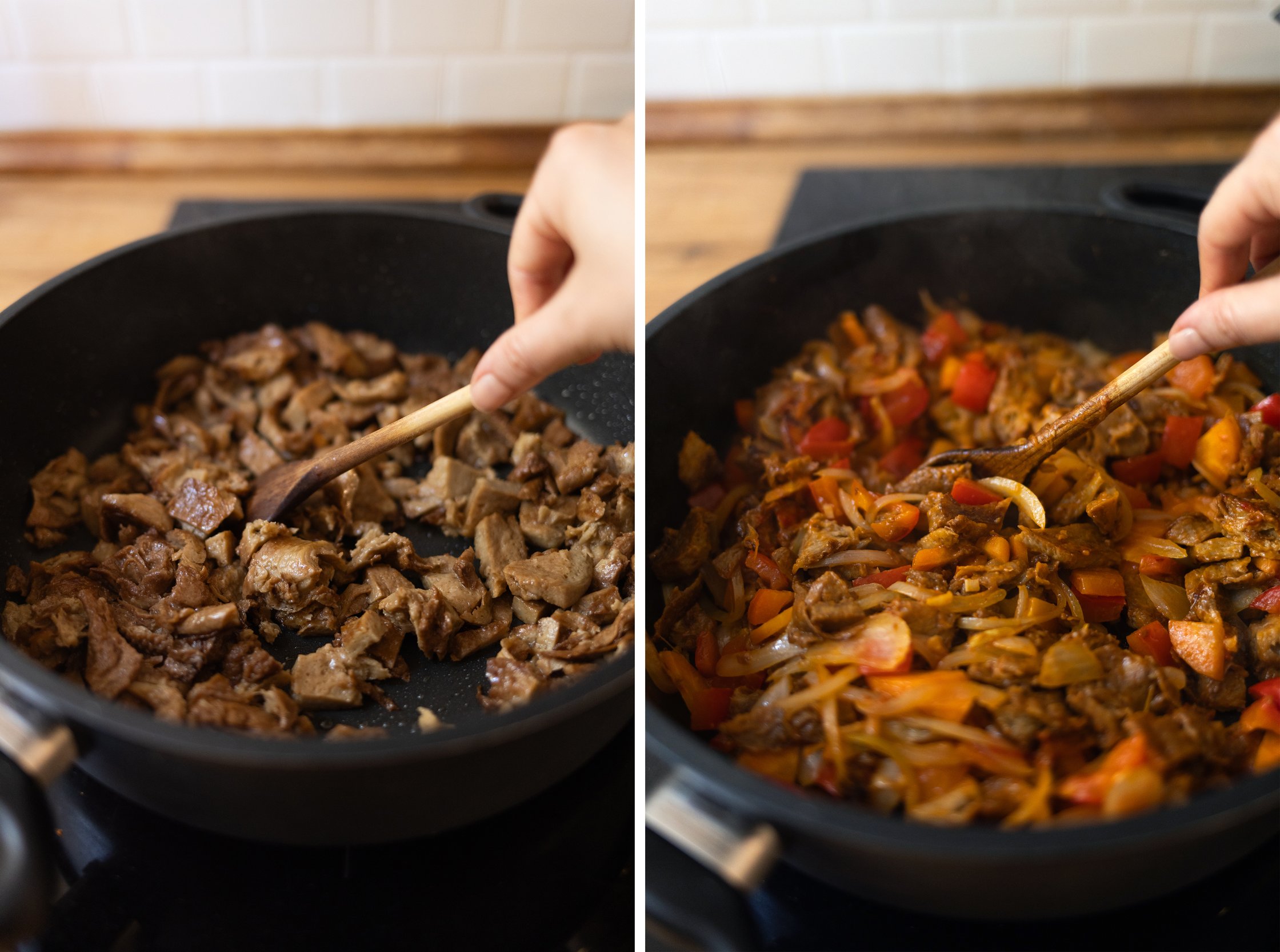seitan und paprika werden in der pfanne angebraten für veganes gulasch