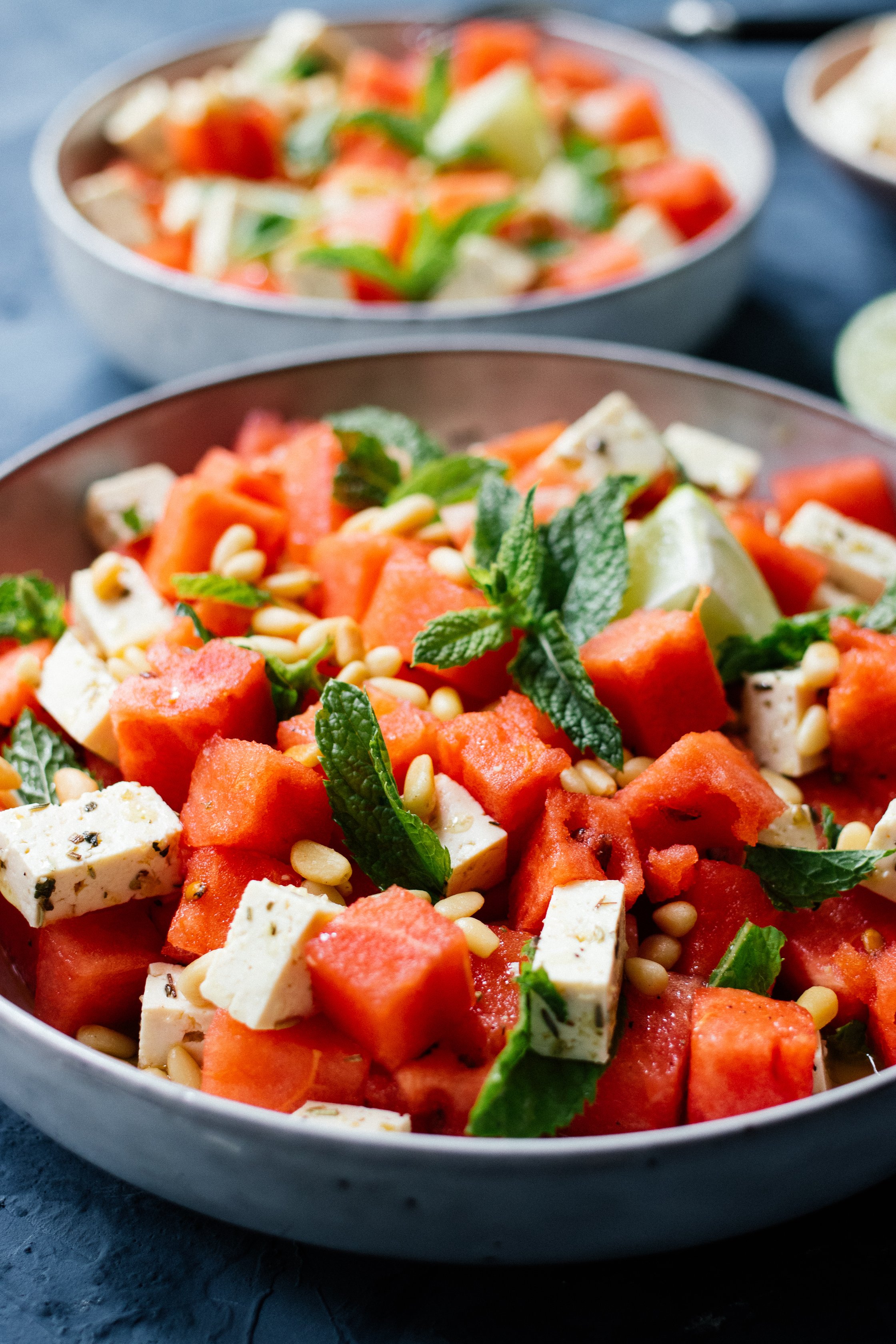 vegan feta cheese with watermelon