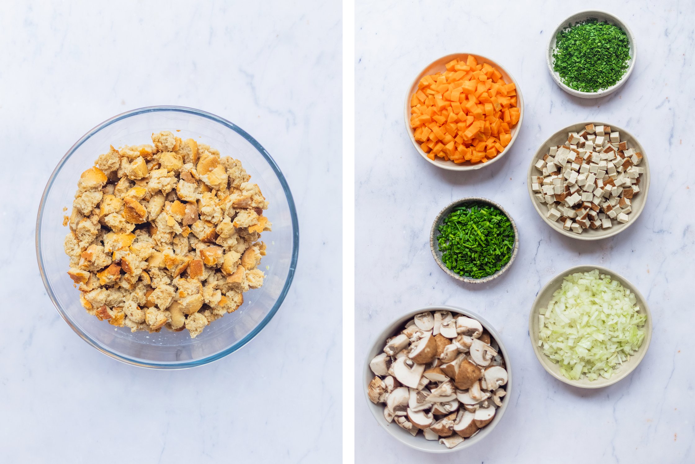 Zutaten für einen veganen Semmelknödel-Auflauf vor einem hellen Hintergrund.