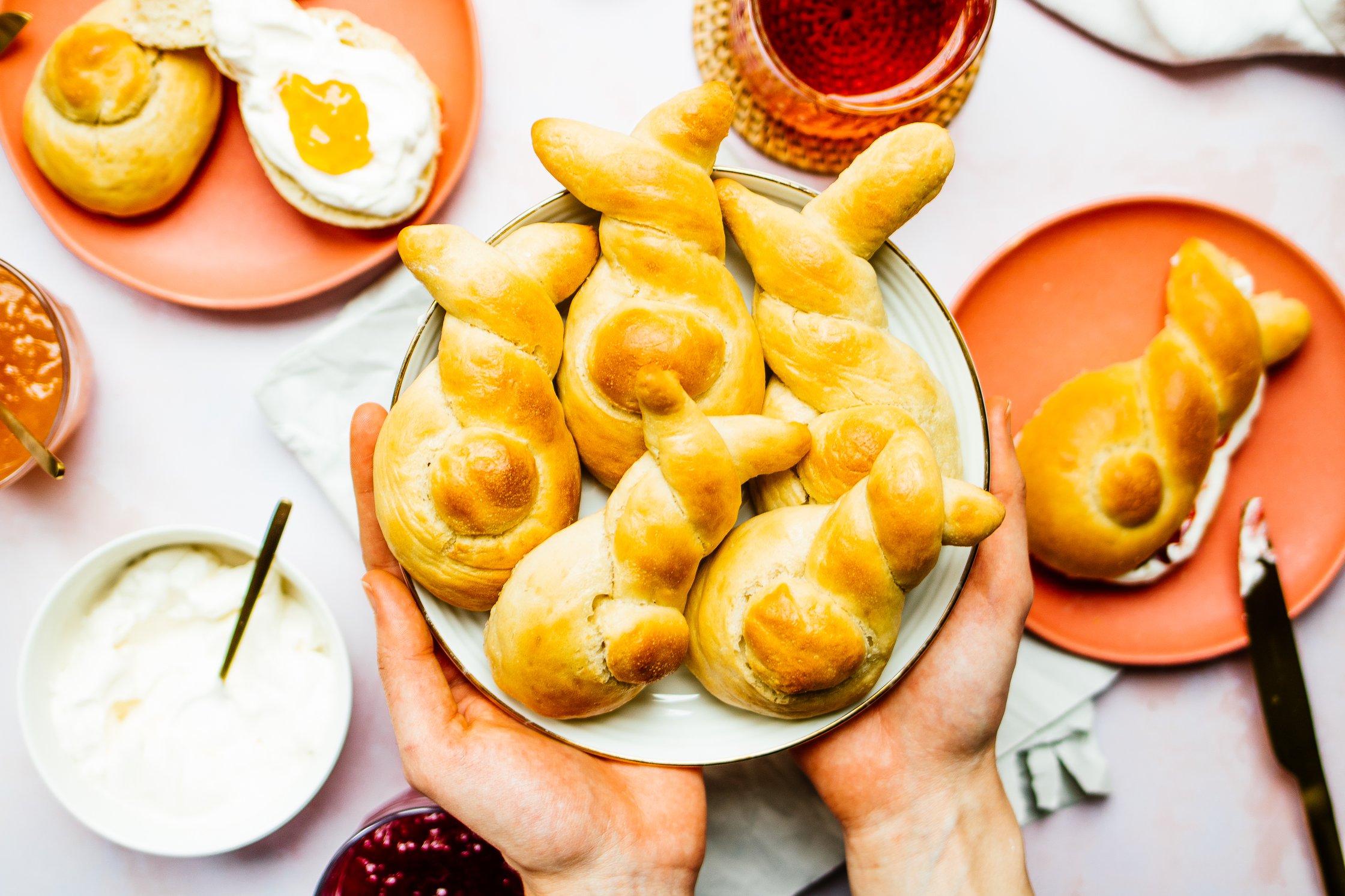 vegan easter bunny rolls on a plate