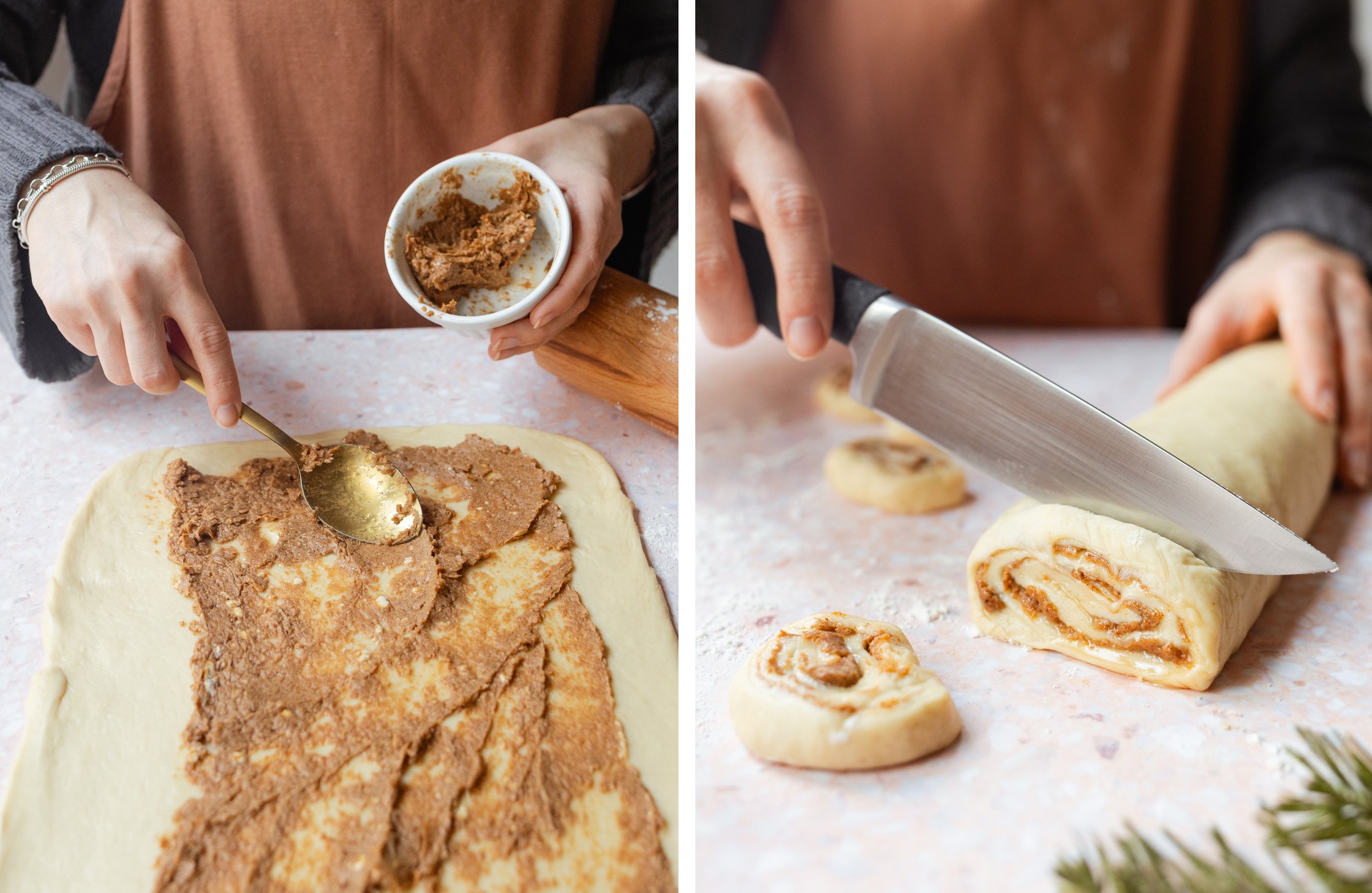 preparing cinnamon buns for the tiramisu