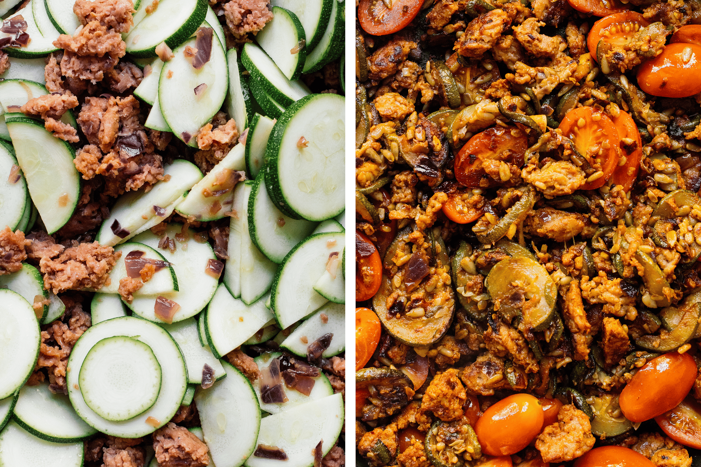 vegane Zucchini-Pfanne vor und nach dem Braten