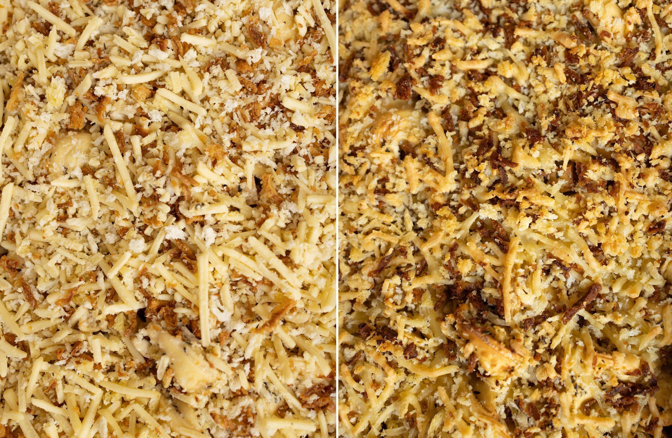 Links: Der Auflauf ist noch nicht gebacken. Rechts: Der Auflauf kommt gold-braun aus dem Ofen.