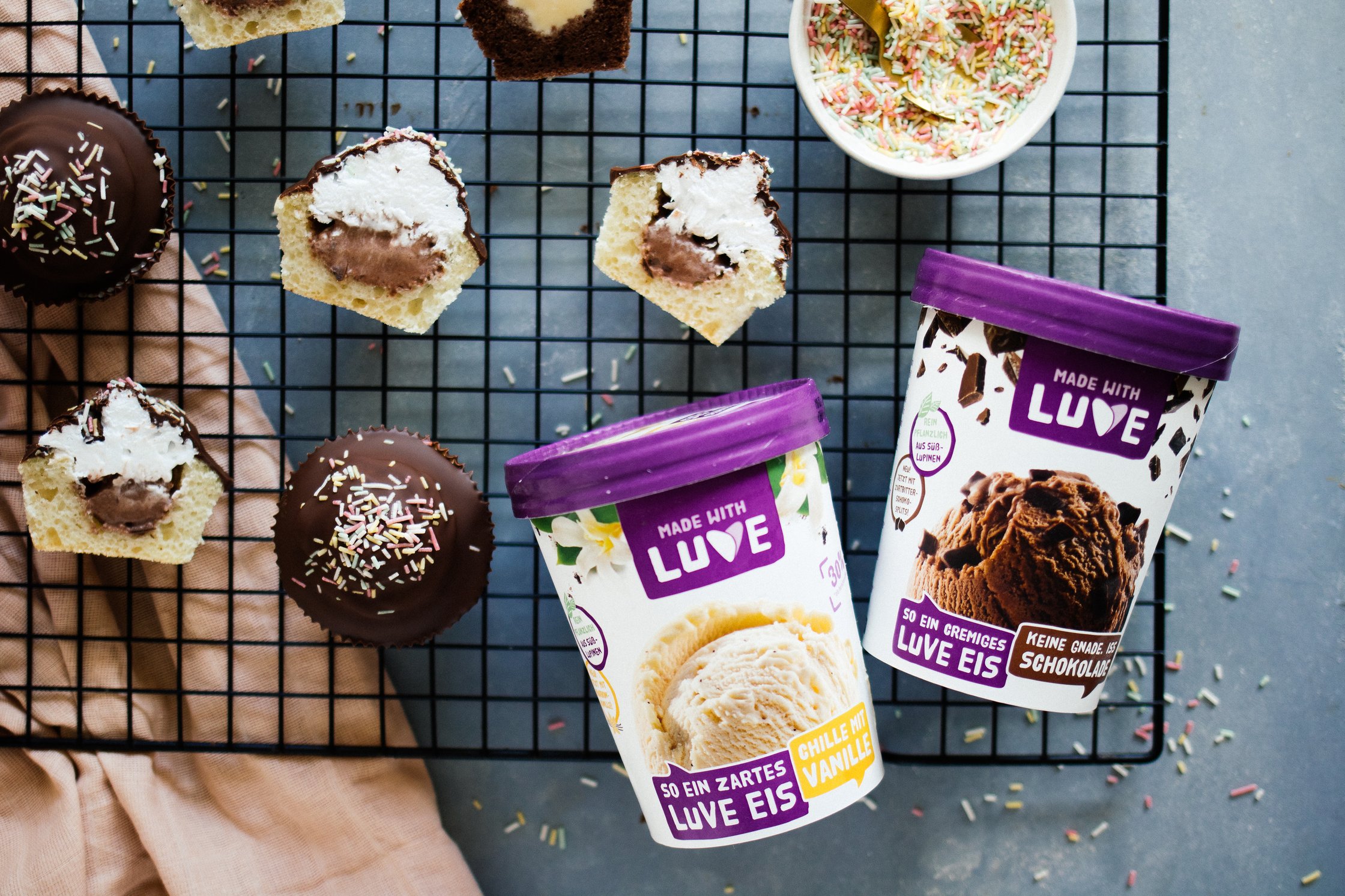 LUVE ice cream next to vegan cupcakes