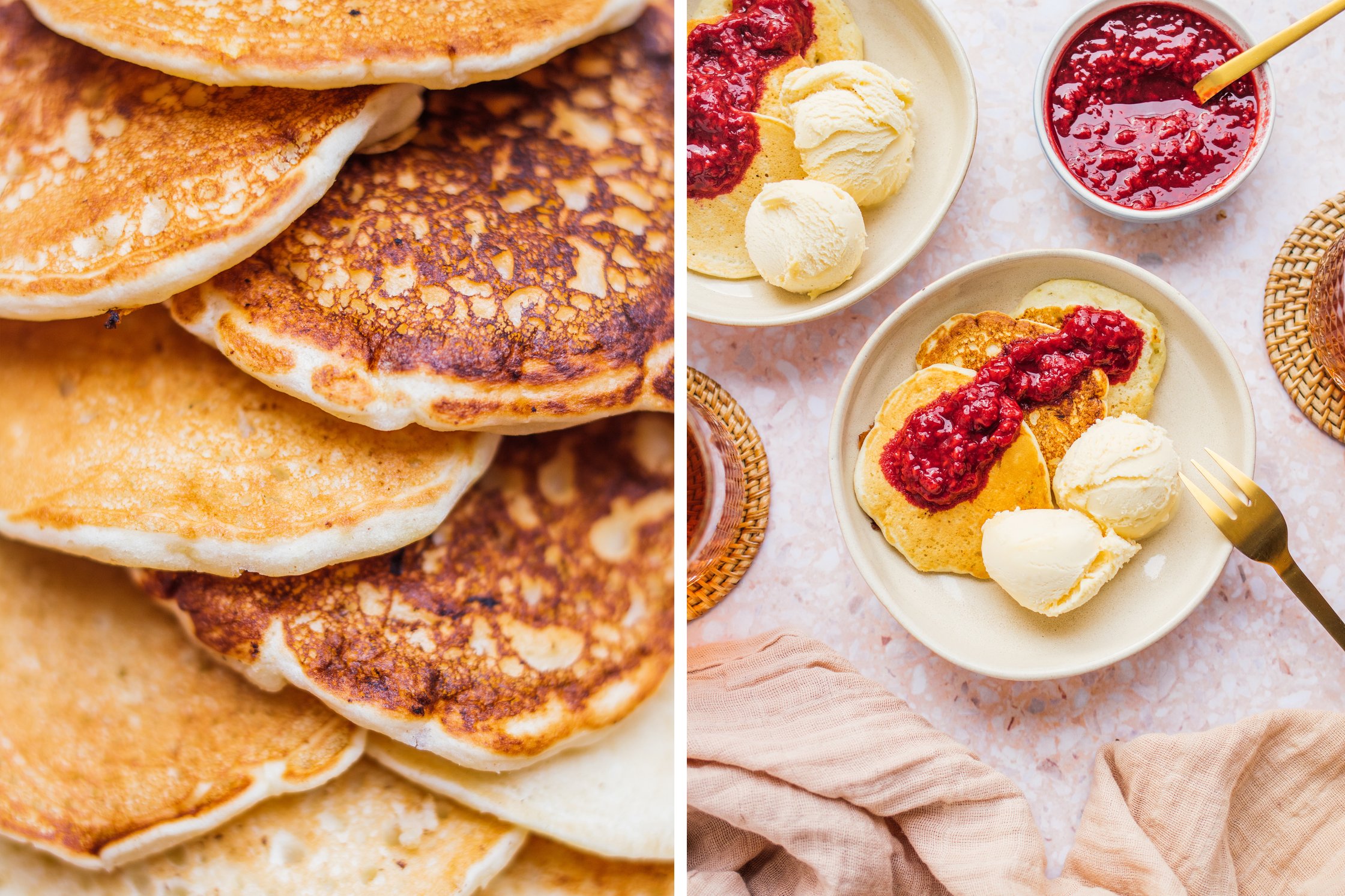 Pancake Stapel, Pancakes in Schüssel mit Vanille Eis und heißen Himbeeren