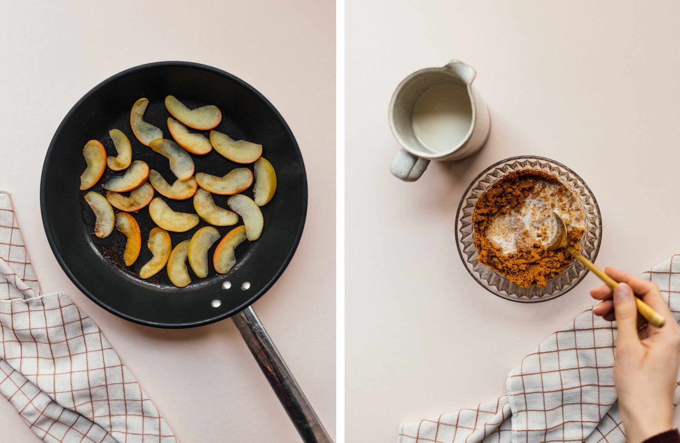 Apfelspalten dünsten; Biscoff-Kekse mit pflanzlicher Milch vermengen