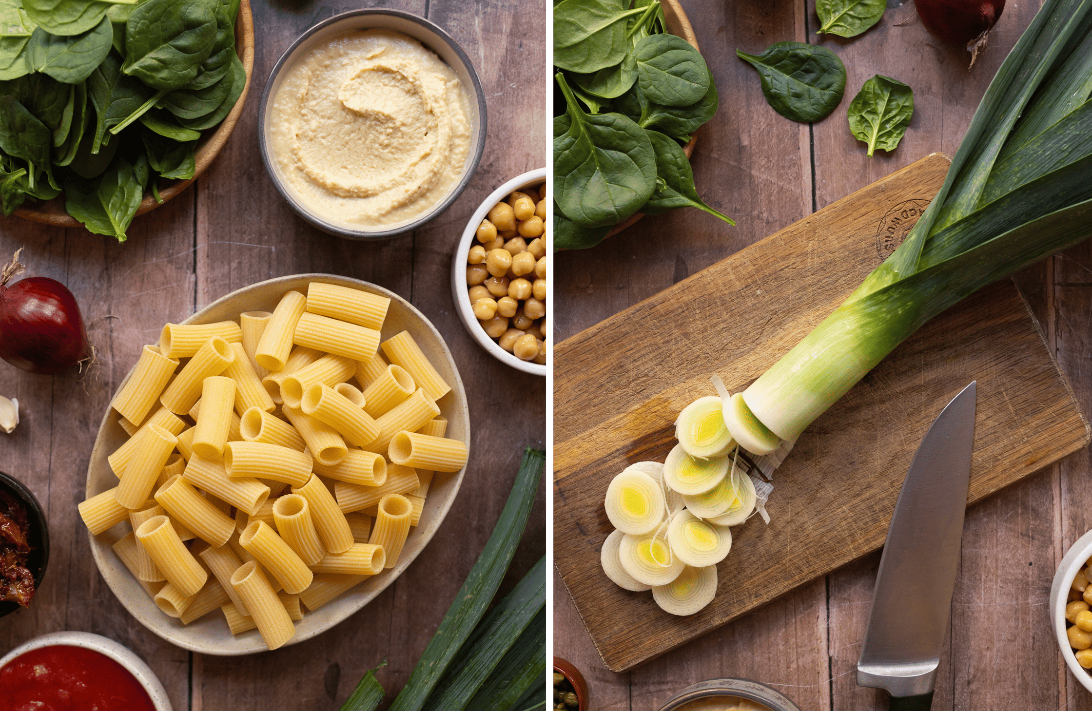 Alle Zutaten für die vegane One-Pot Pasta à la Ceci liegen auf einem Holztisch – daneben frischer, geschnittener Lauch auf ei