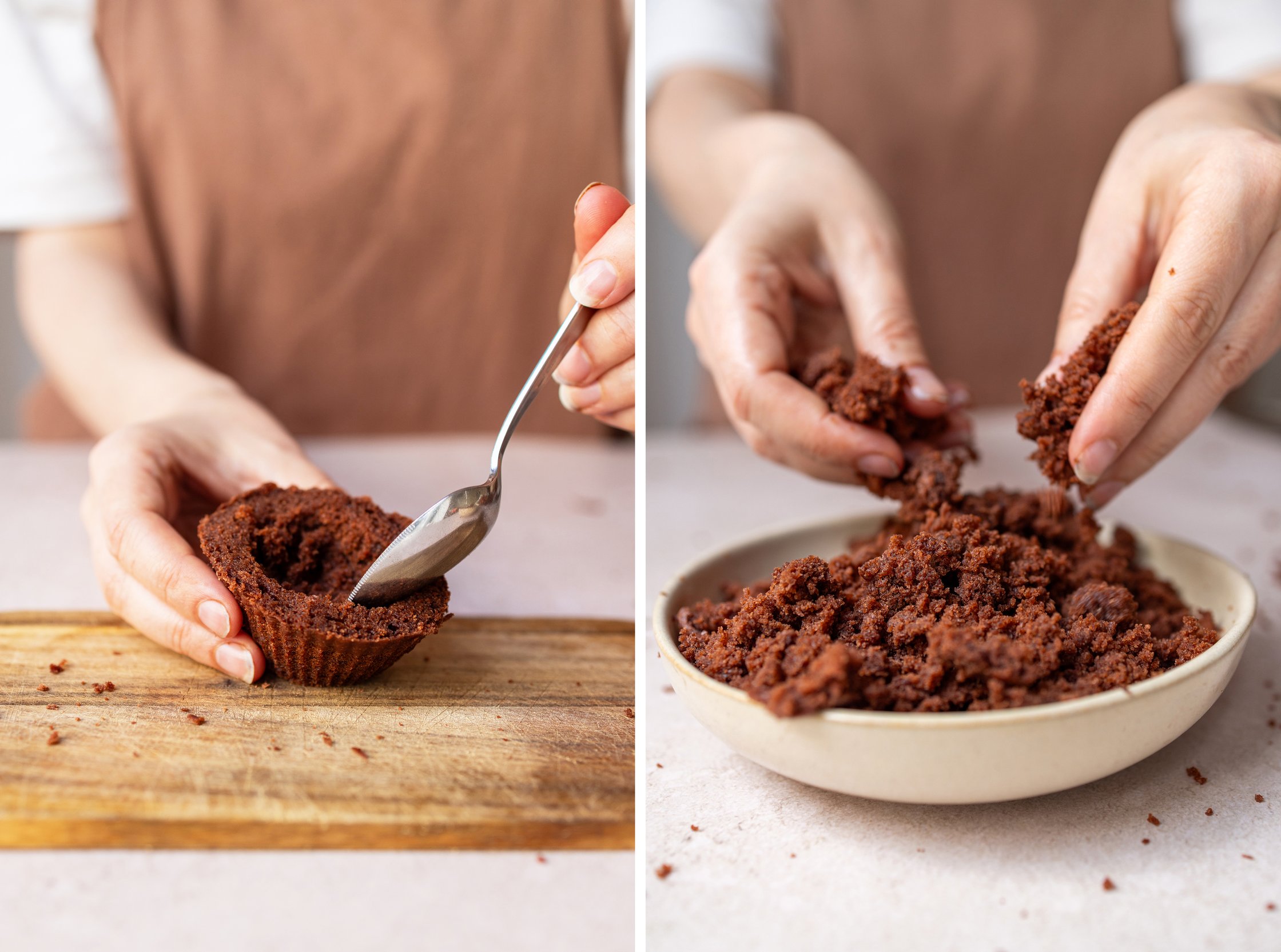 schokoladenmuffin aushöhlen und erdbeere reinsetzen