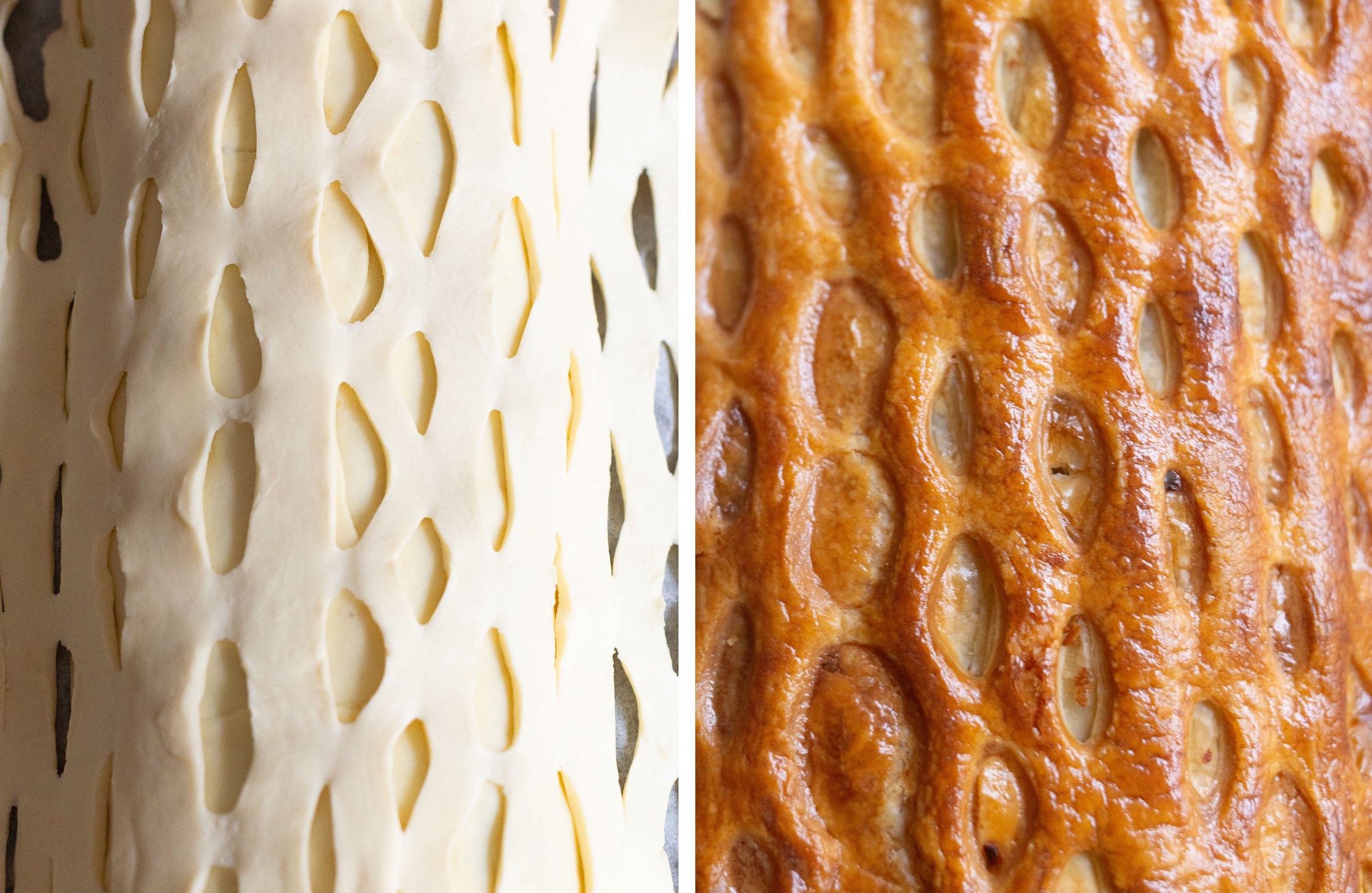 links: Blätterteig mit Muster ungebacken
rechts: Blätterteig mit Muster gebacken
