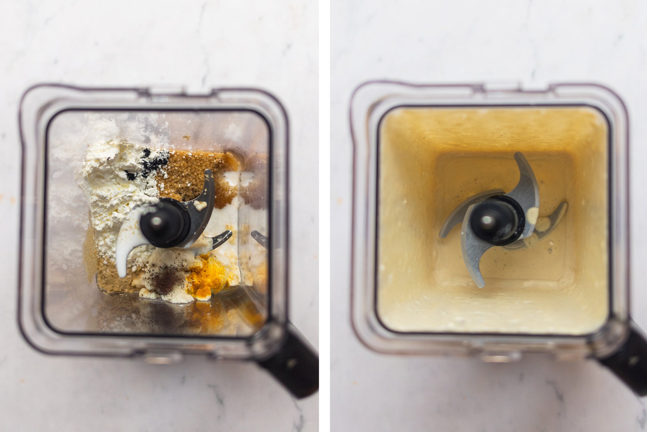 On the left are all ingredients for vegan crème brûlée in a blender and on the right the ingredients are mixed in the blender