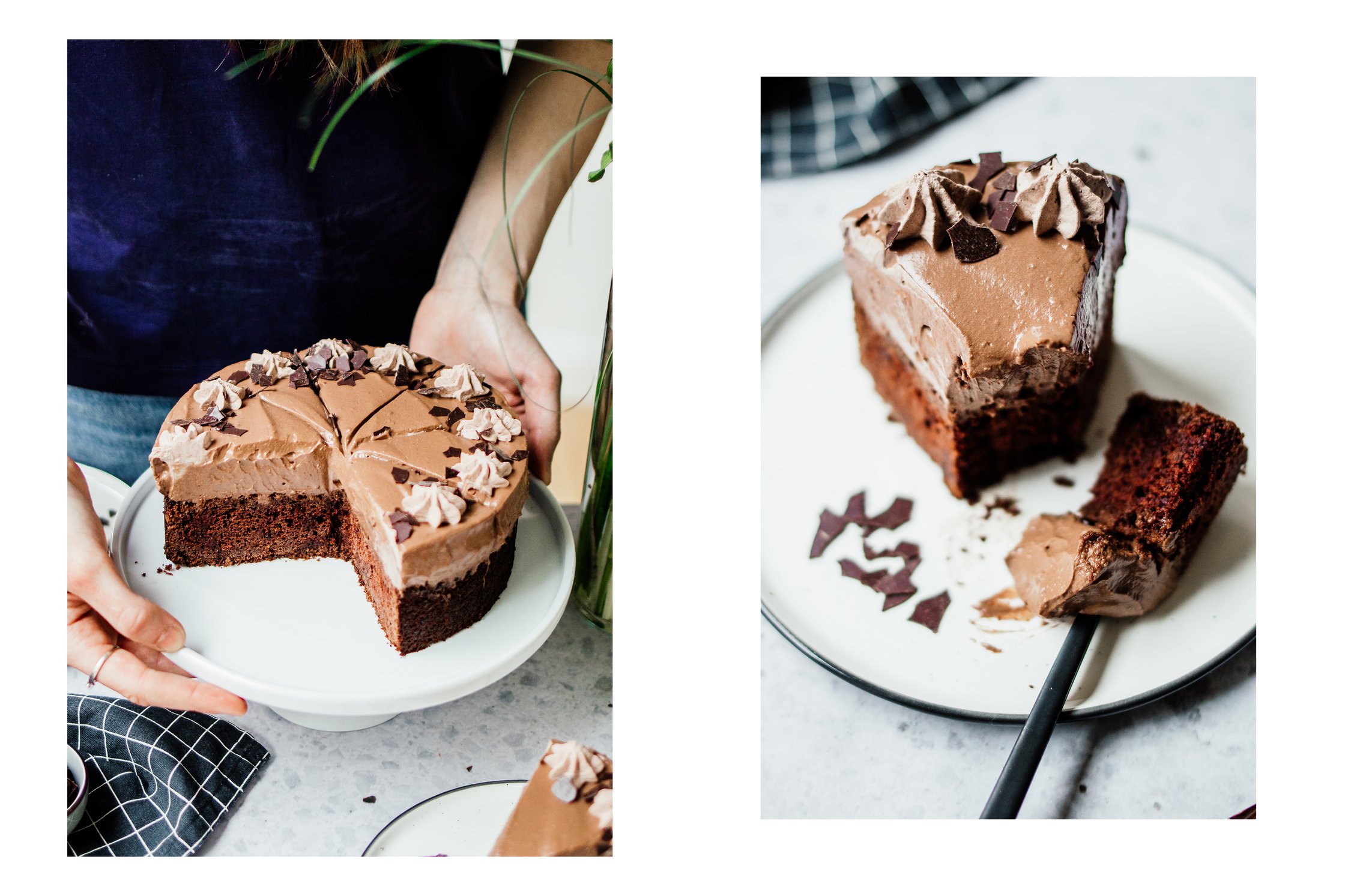 Schokokuchen mit Mousse auf einem Teller