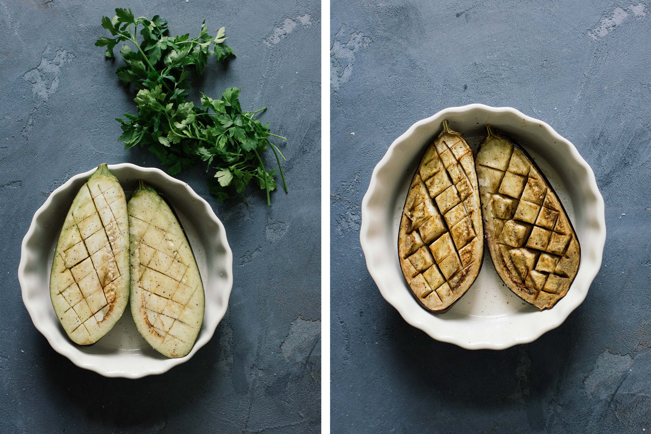 Aubergine vor und nach dem Backen