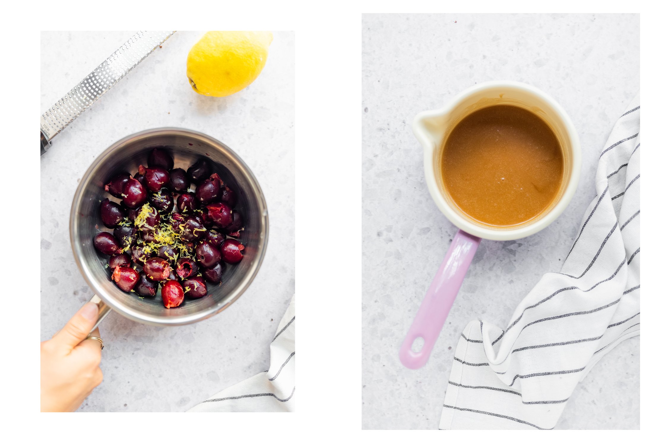 Cherries in a pot with lemon zest, caramel sauce