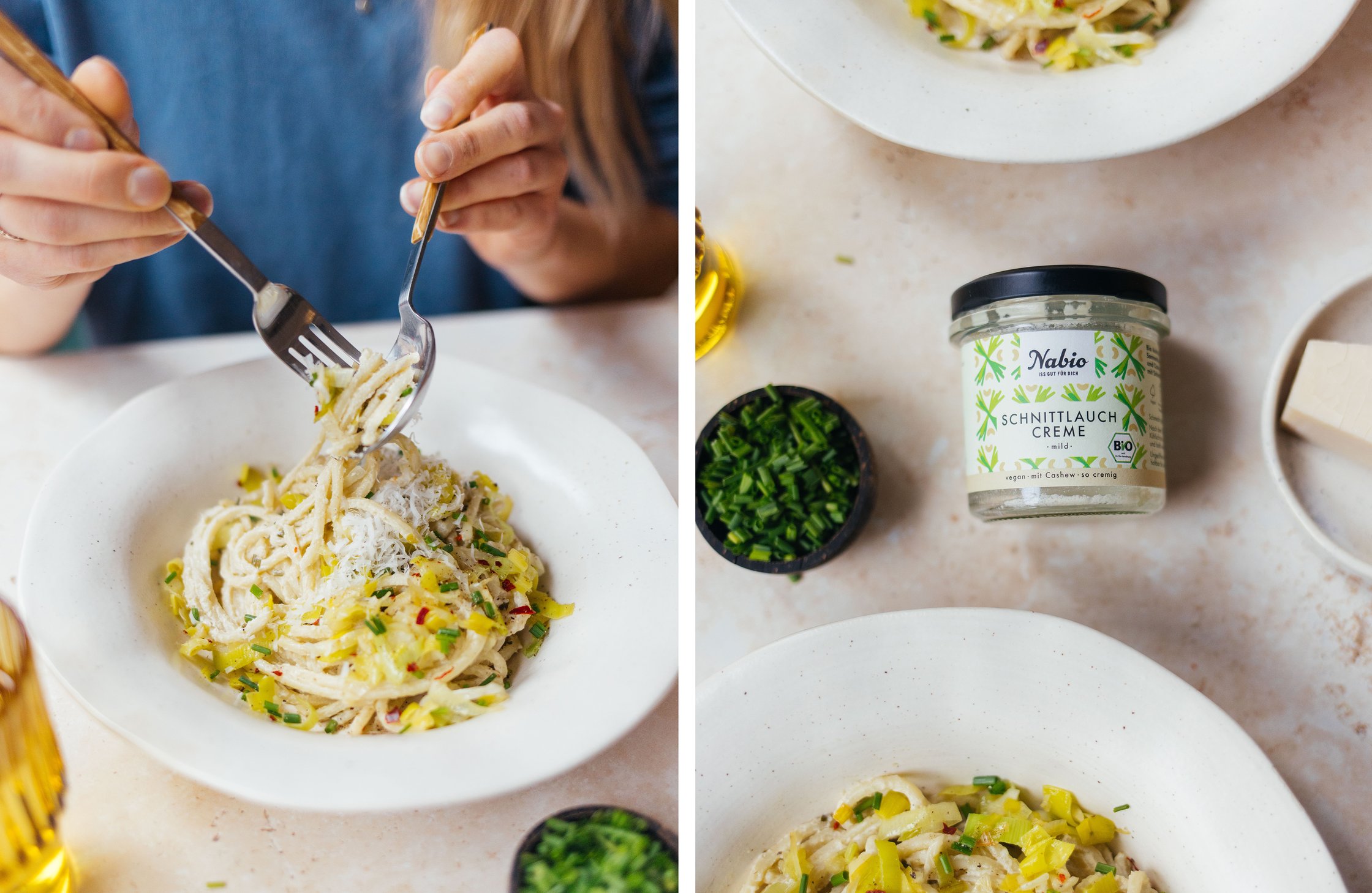vegane Frischkäse-Pasta mit Lauch wird gegessen; veganer Schnittlauch-Frischkäse im Glas