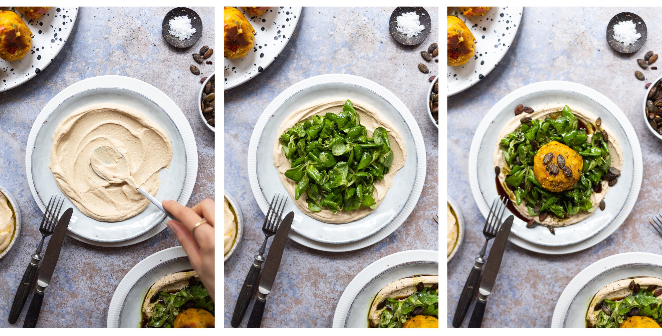 links: tofu-mis-creme wird auf teller verstrichen
mitte: Feldsalat kommt auf tofu creme
rechts: Knödel und kürbiskerne kommen