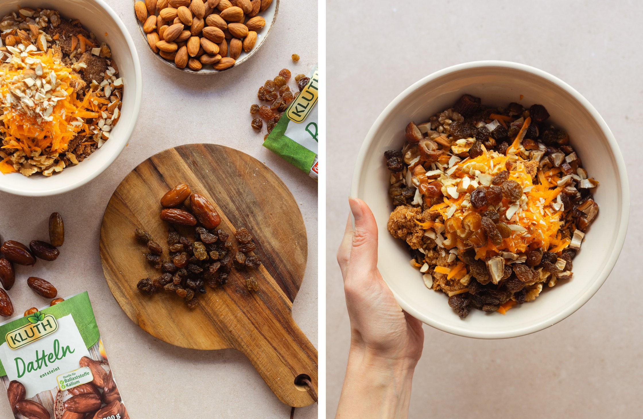 dates and raisins by Kluth; carrot and nut mix for the cinnamon buns in a bowl