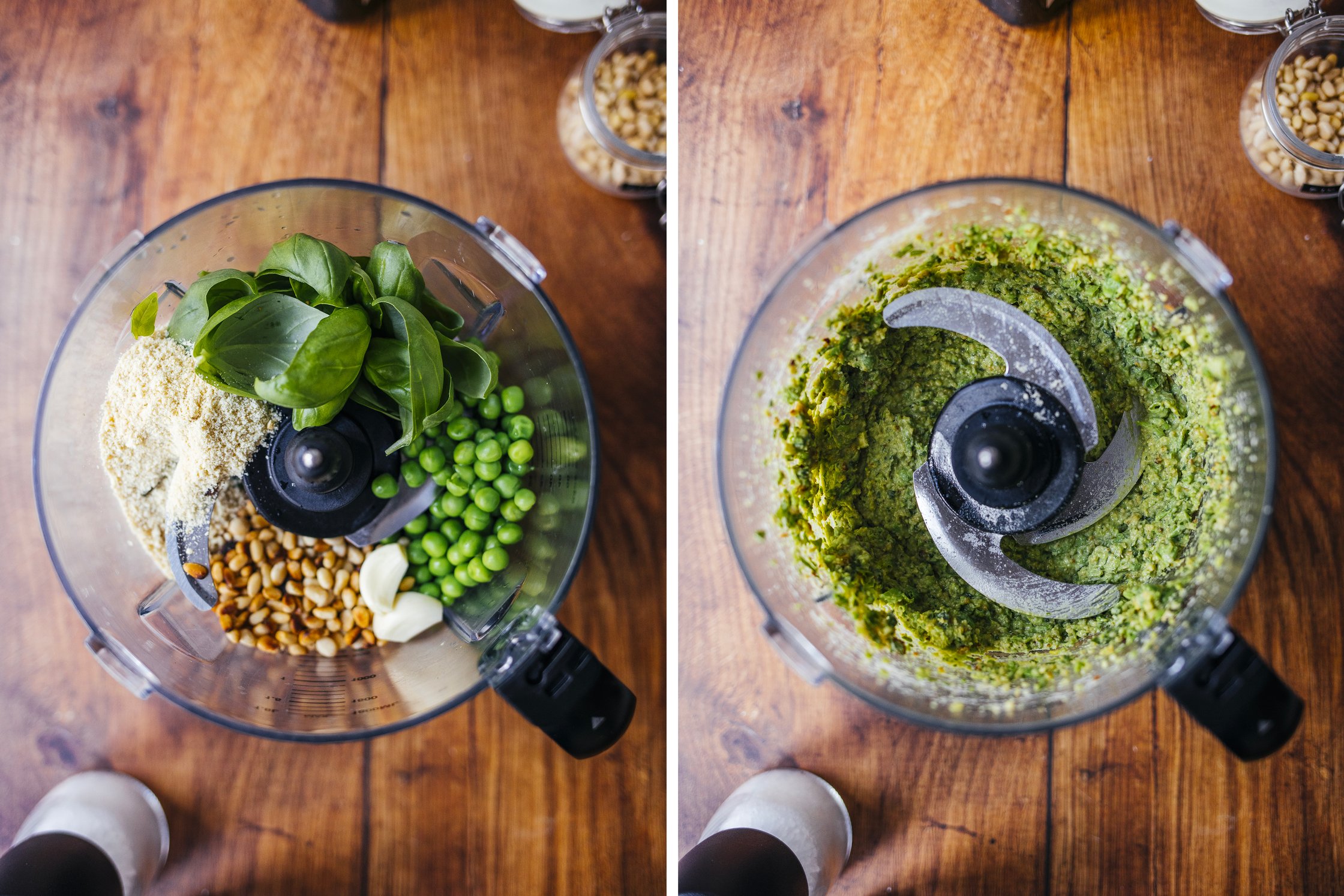 Erbsenpesto wird in einem Mixer zubereitet