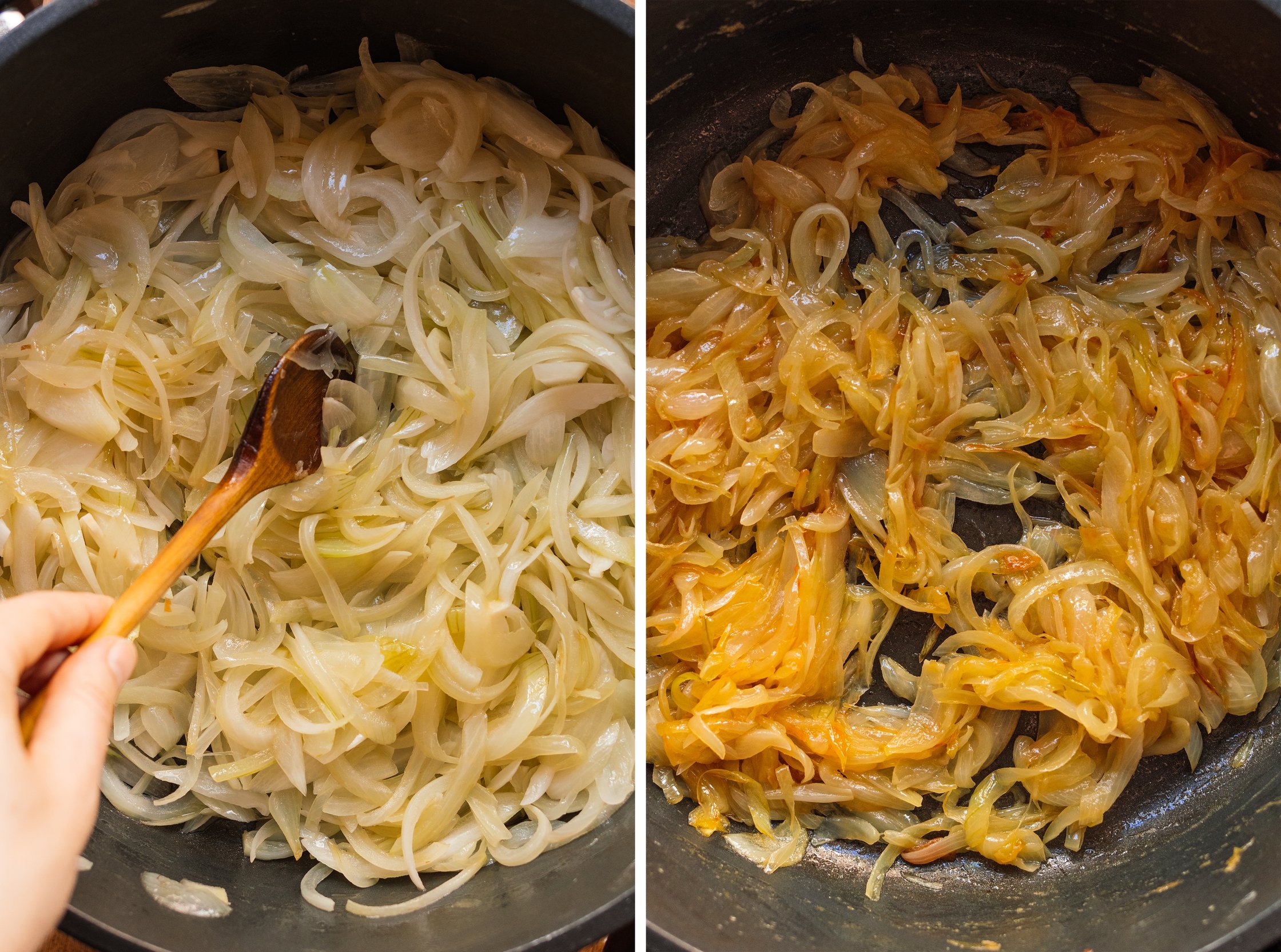frying and caramelizing onions for french onion soup