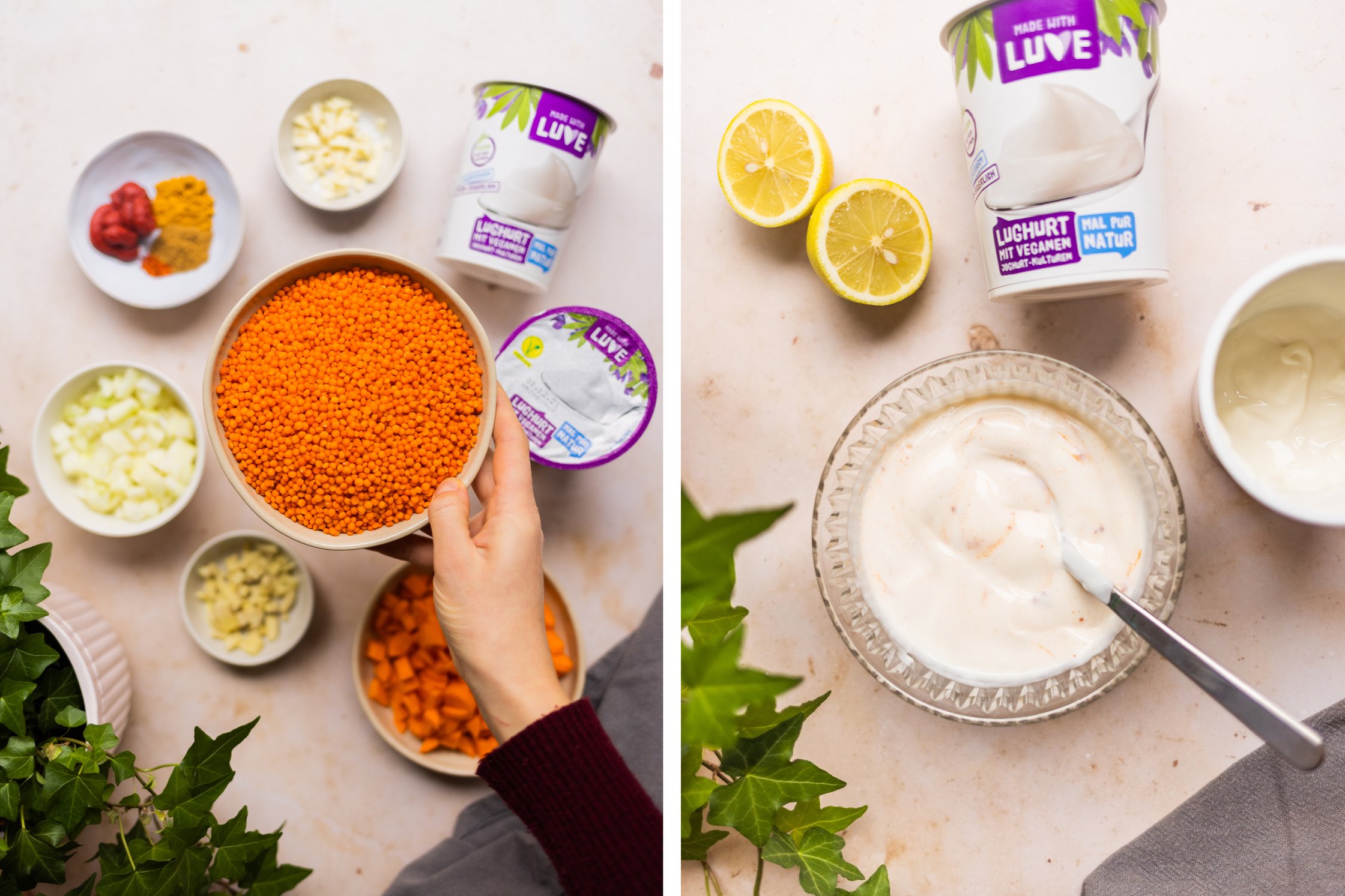 links: Zutaten für vegane rote Linsensuppe in Schalen
rechts: Zutaten für veganen Joghurt-Dip in einer Schüssel, Zitronen lie
