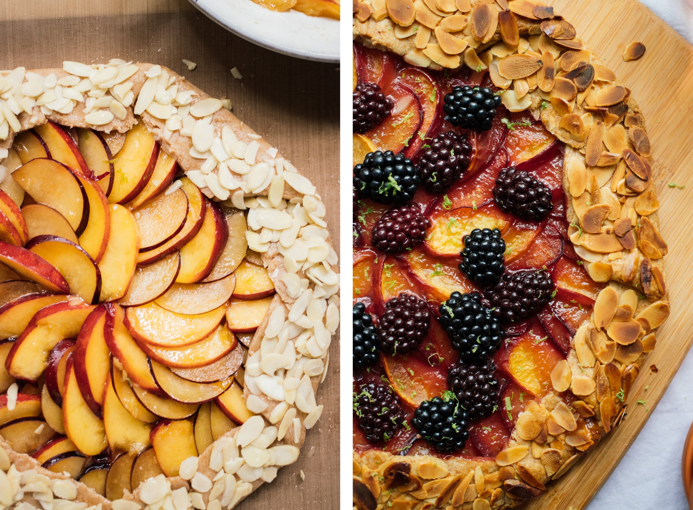 Vegan Galette With Nectarines, Plums, and Blackberries before and after baking