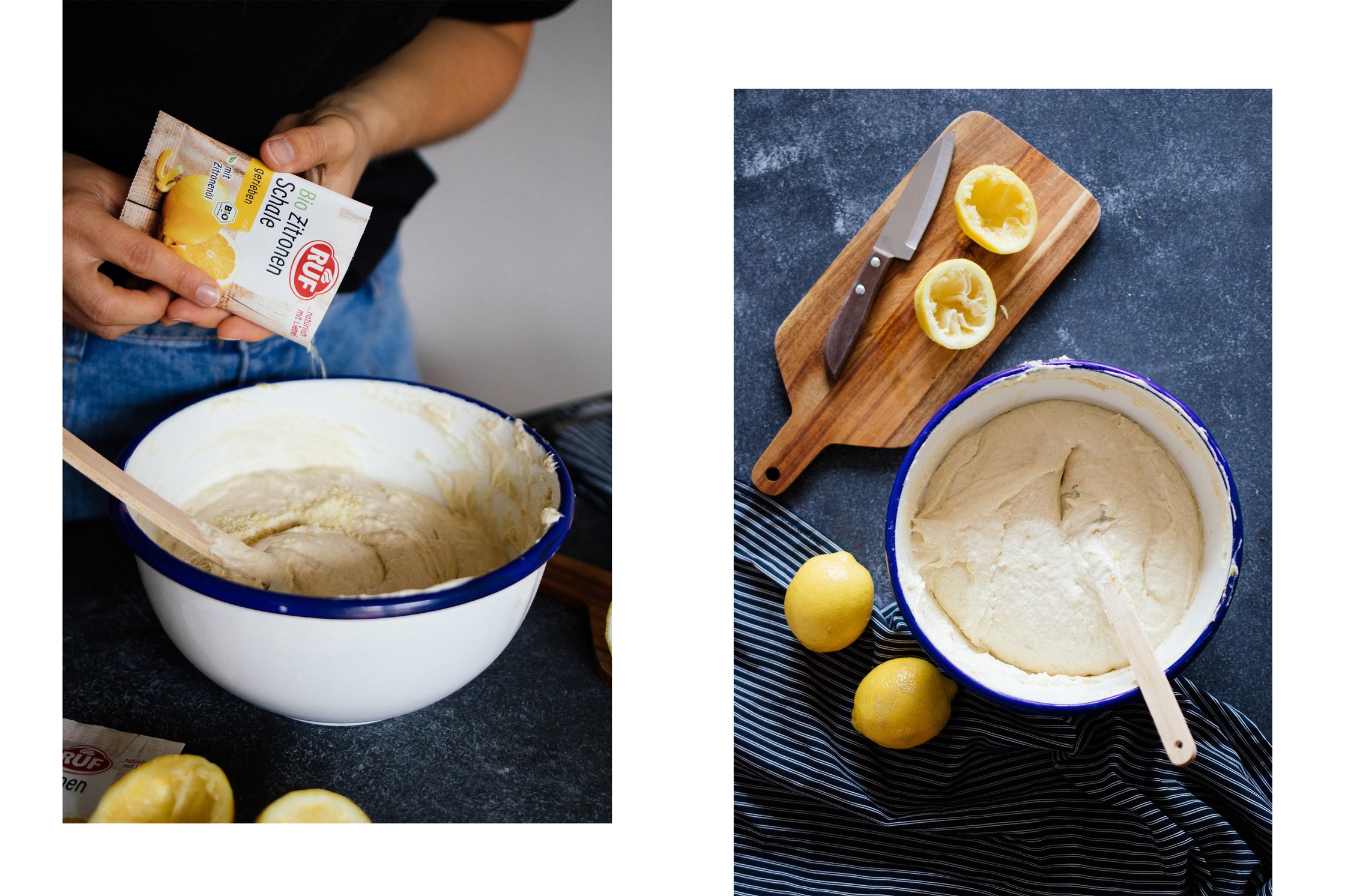 vegane Zitronenschalen werden zu dem Kuchenteig gegeben