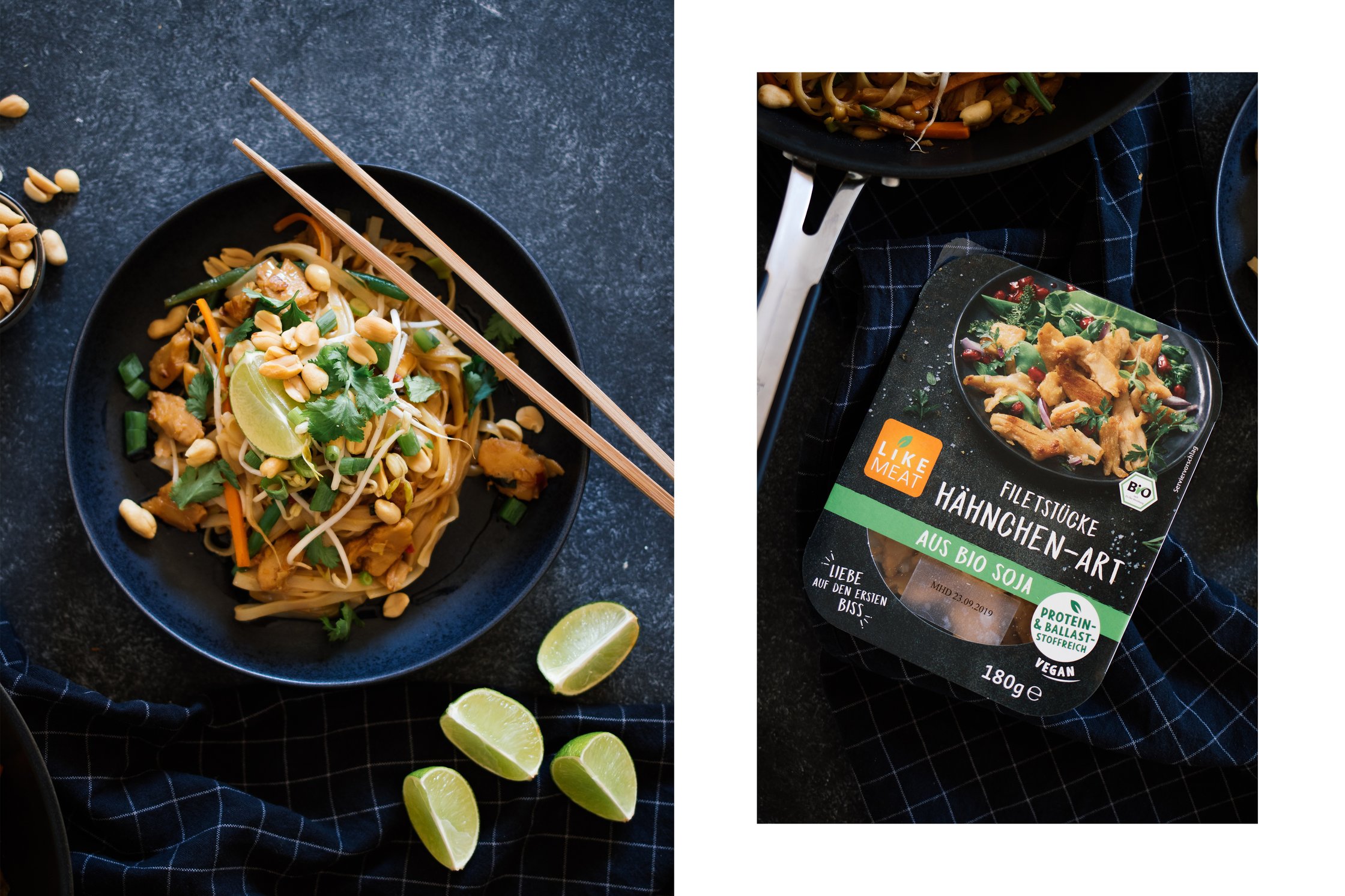 vegan pad thai on a black plate, served with limes