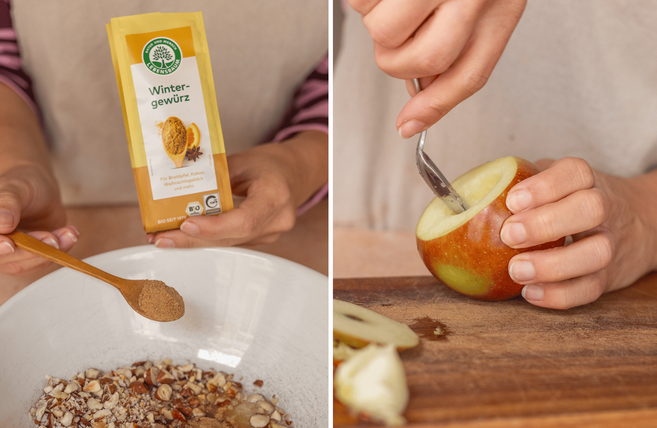 Eine winterliche Gewürzmischung in gelber Verpackung verfeinert die Bratapfelfüllung – daneben wird ein Apfel liebevoll ausge
