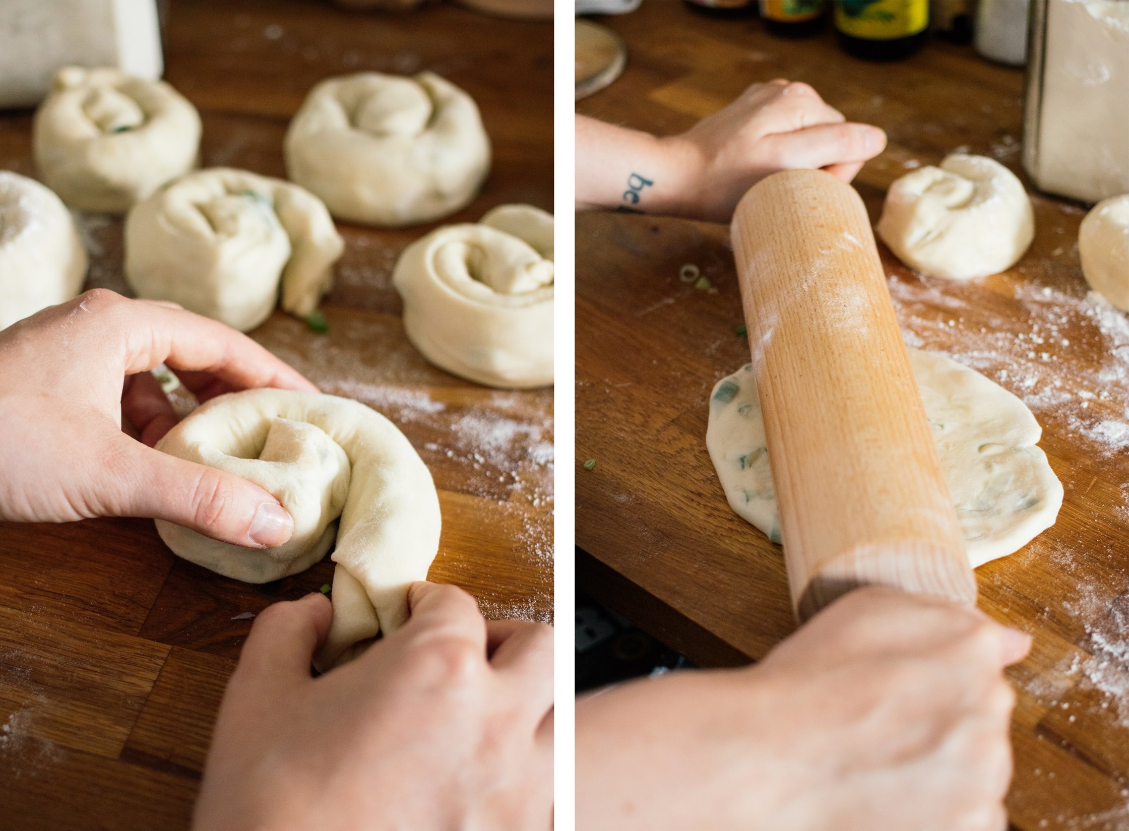 rolling and folding dough for Vegan Scallion Pancakes