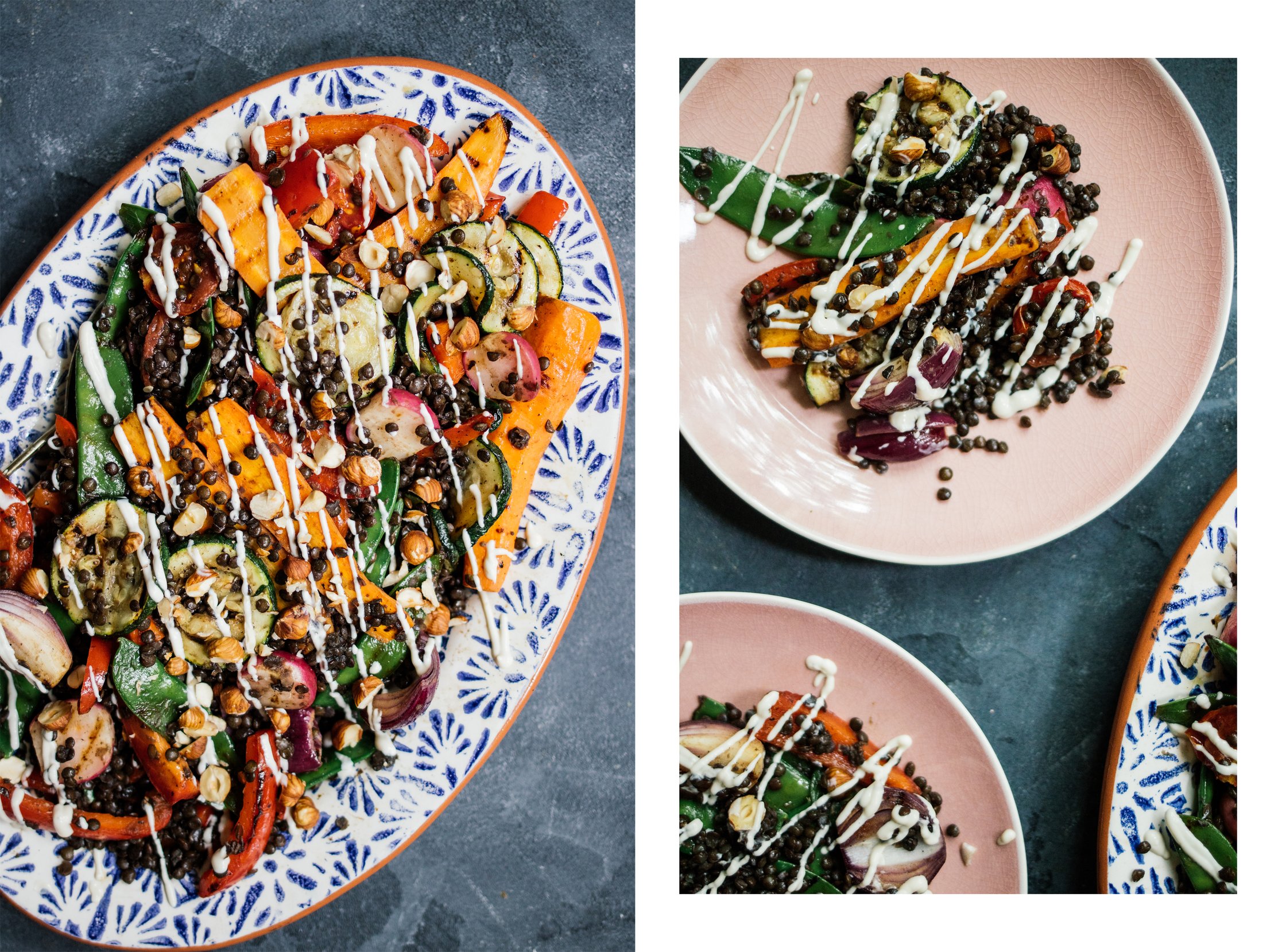 Grilled vegetable salad with beluga lentils and sesame dressing is served on the table